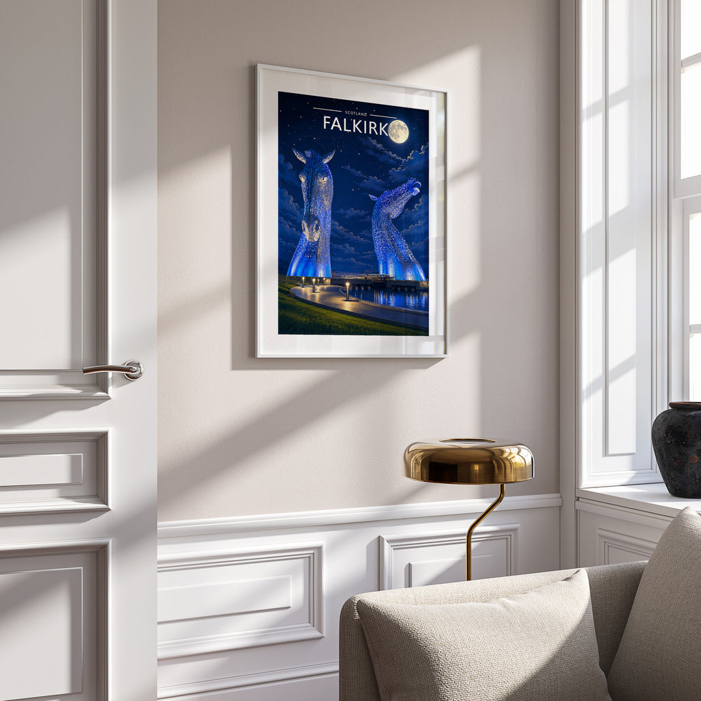 Falkirk Travel Poster in a white frame on a panelled wall