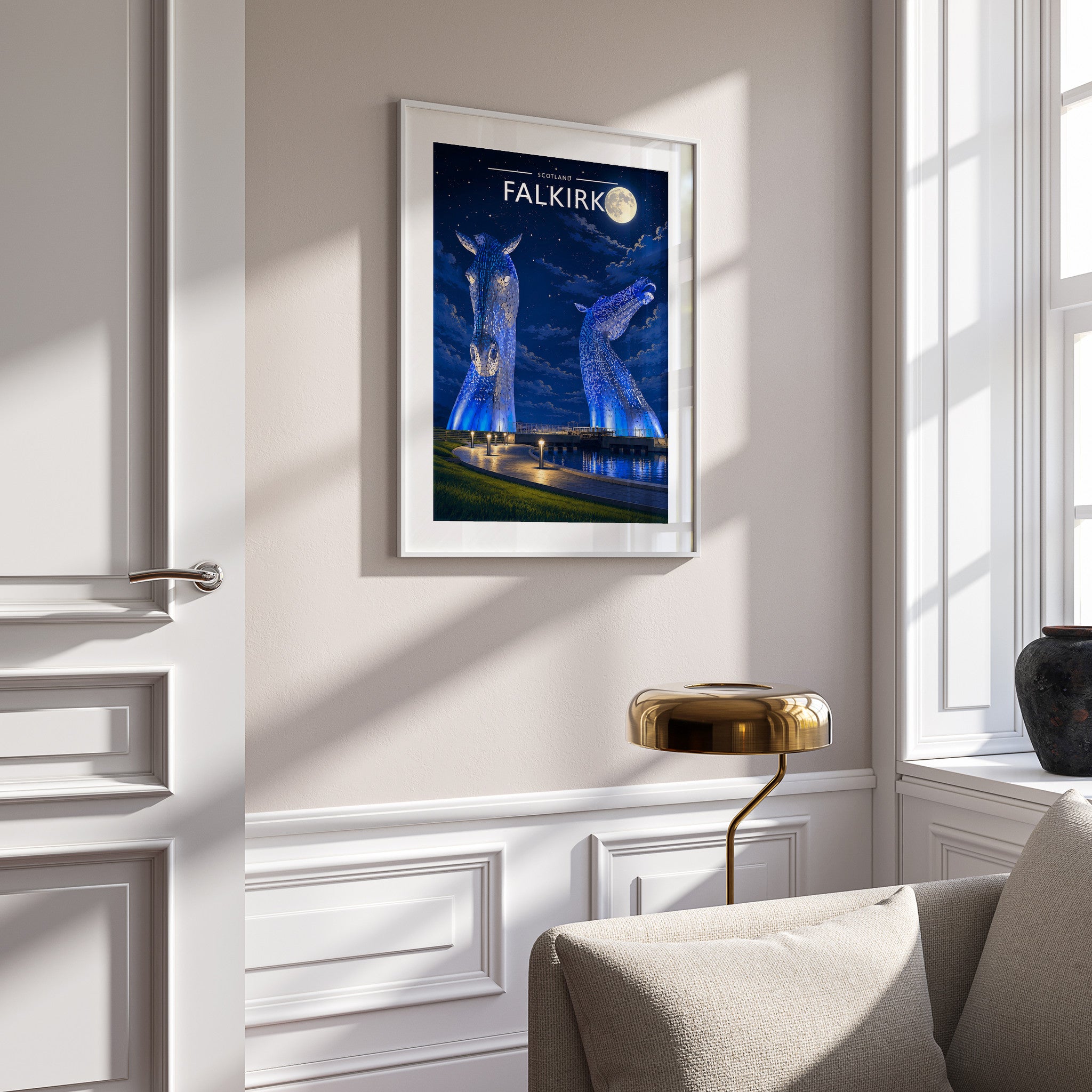 Falkirk Travel Poster in a white frame on a panelled wall