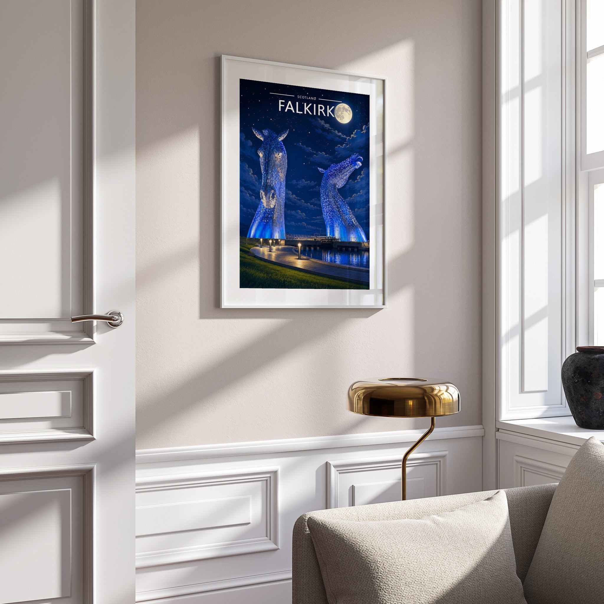 Falkirk Travel Poster mounted in a white frame