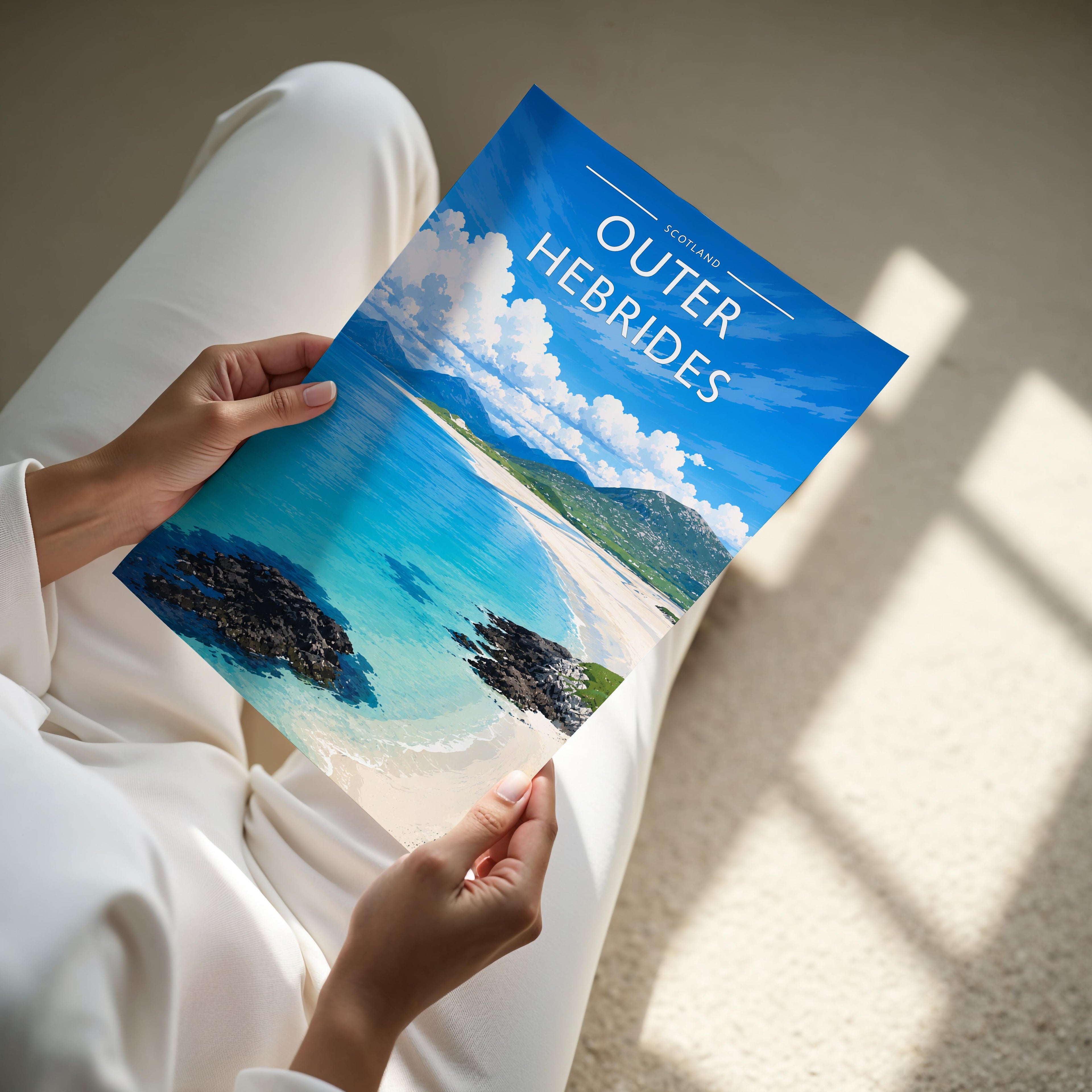 Outer Hebrides Travel Poster - A4 print held in hand