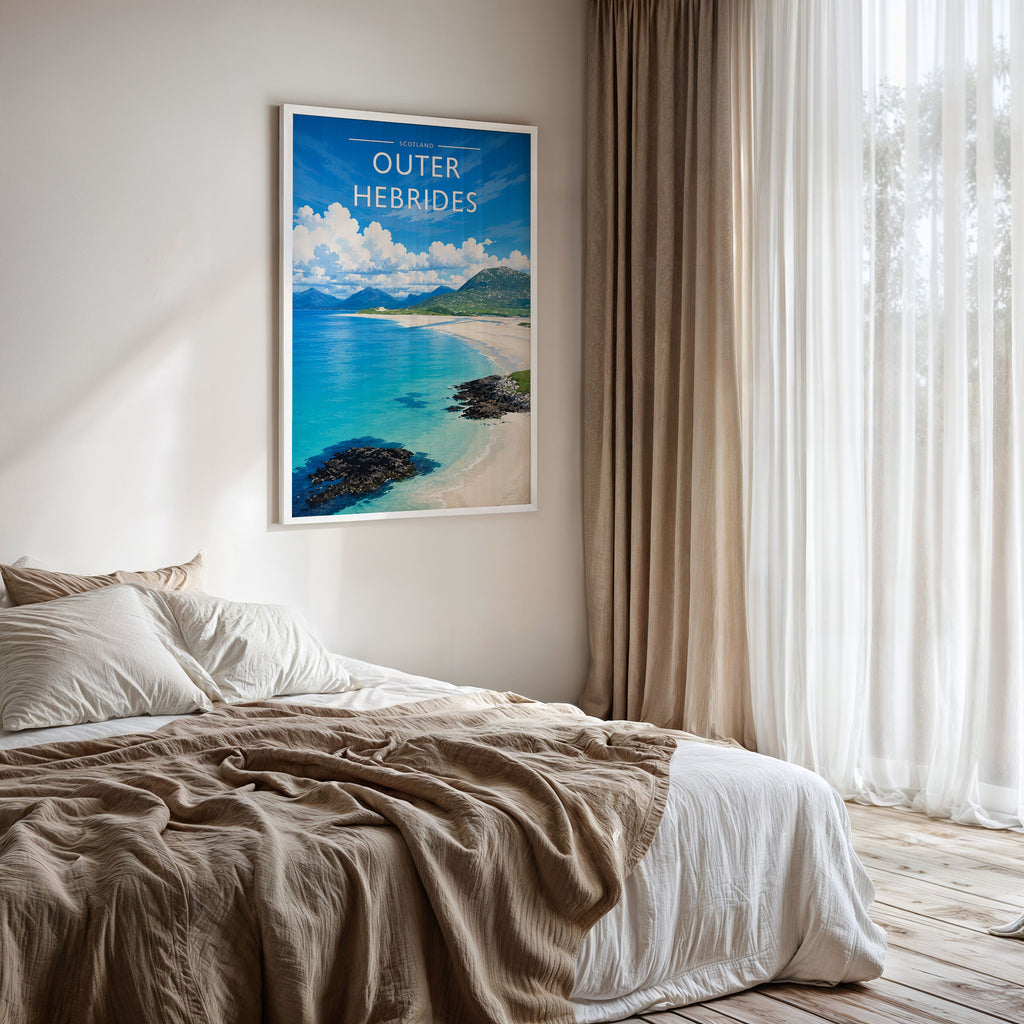 Outer Hebrides Travel Poster framed on a bedroom wall