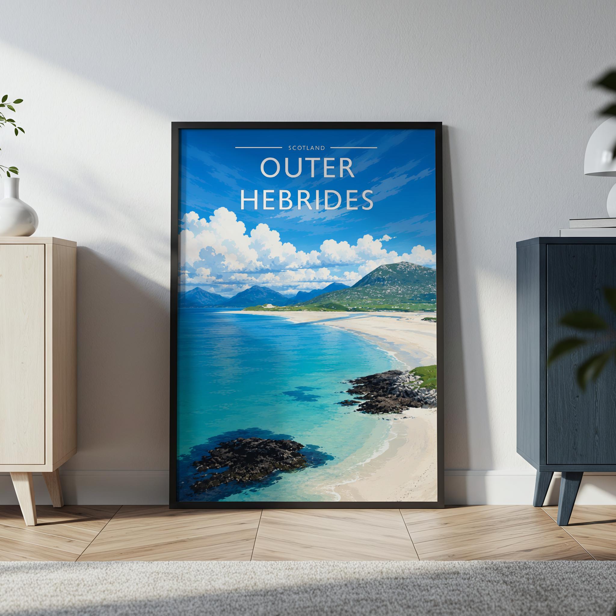 Outer Hebrides Travel Poster in a black frame