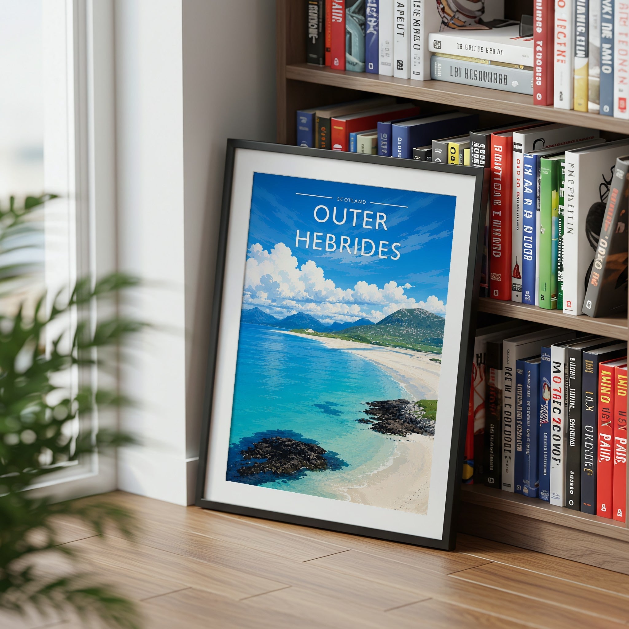 Outer Hebrides Travel Poster mounted in a black frame