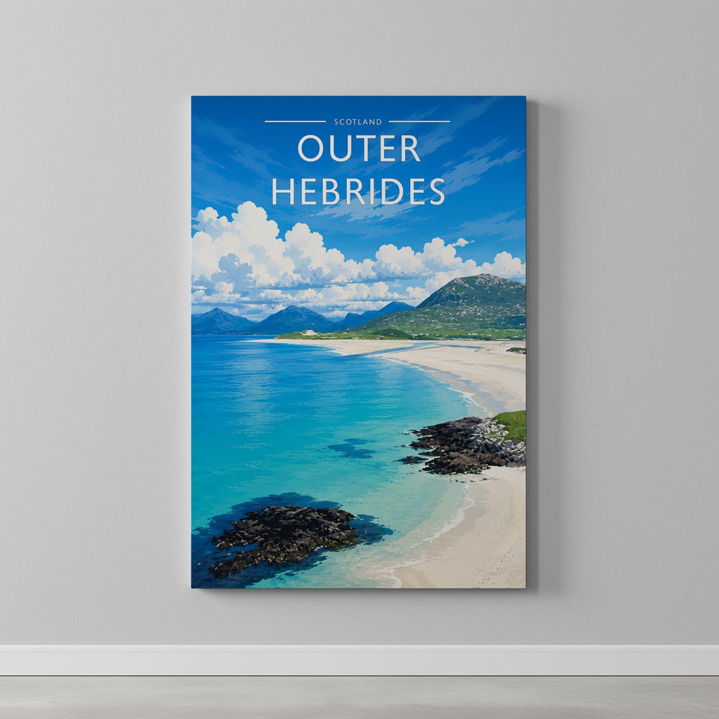 Outer Hebrides Travel Poster as a gallery-wrapped canvas on a plain wall