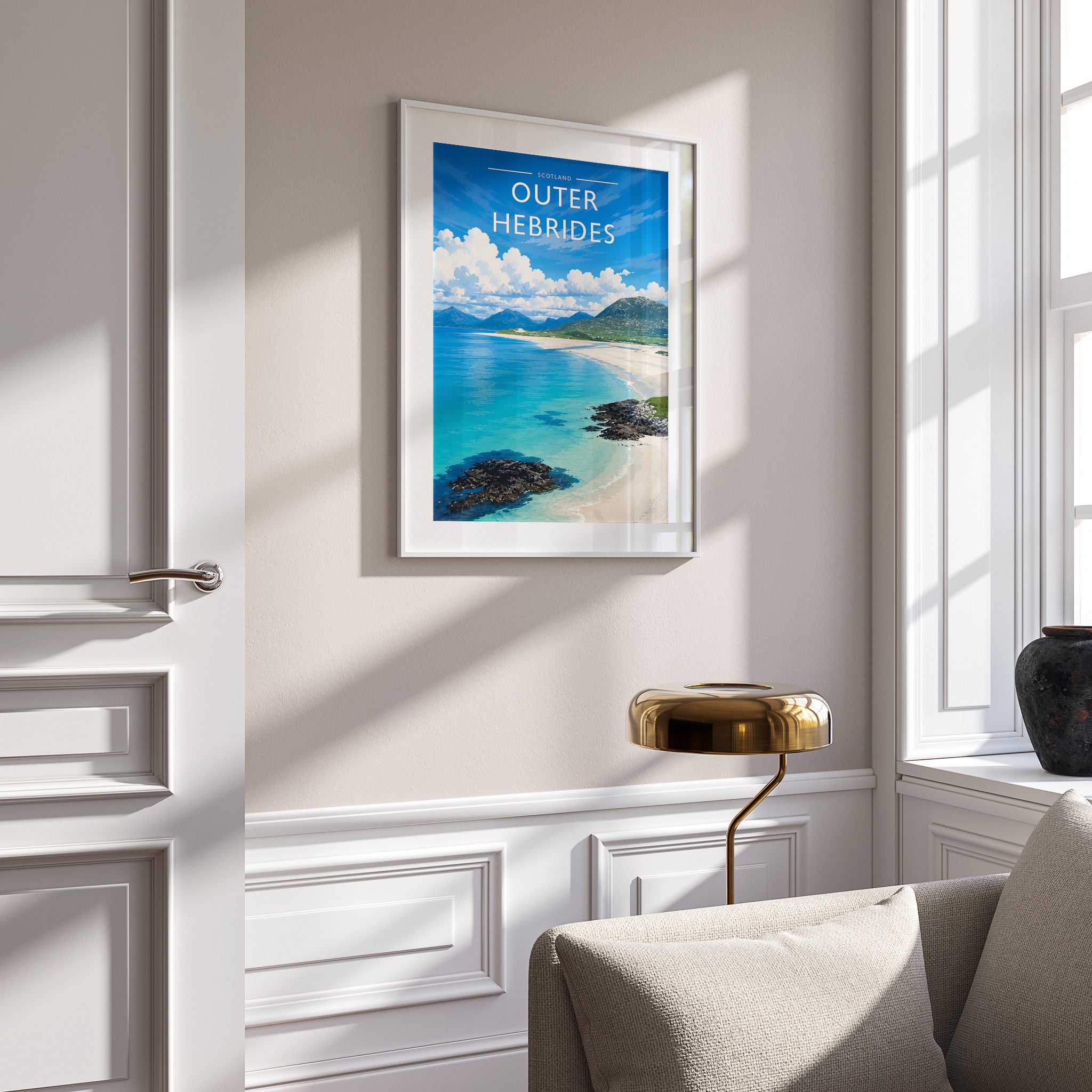 Outer Hebrides Travel Poster in a white frame on a panelled wall