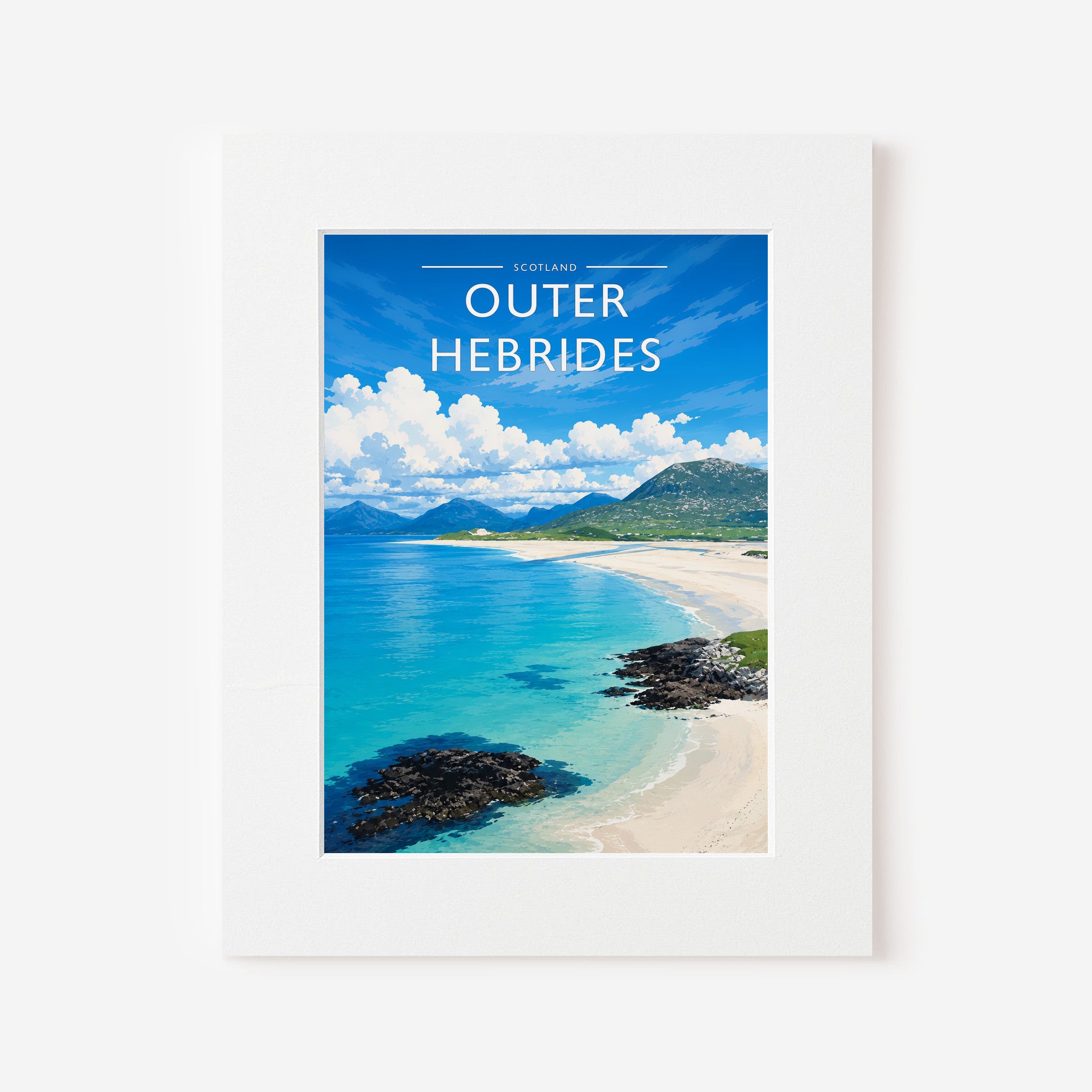Outer Hebrides Travel Poster in a white mount