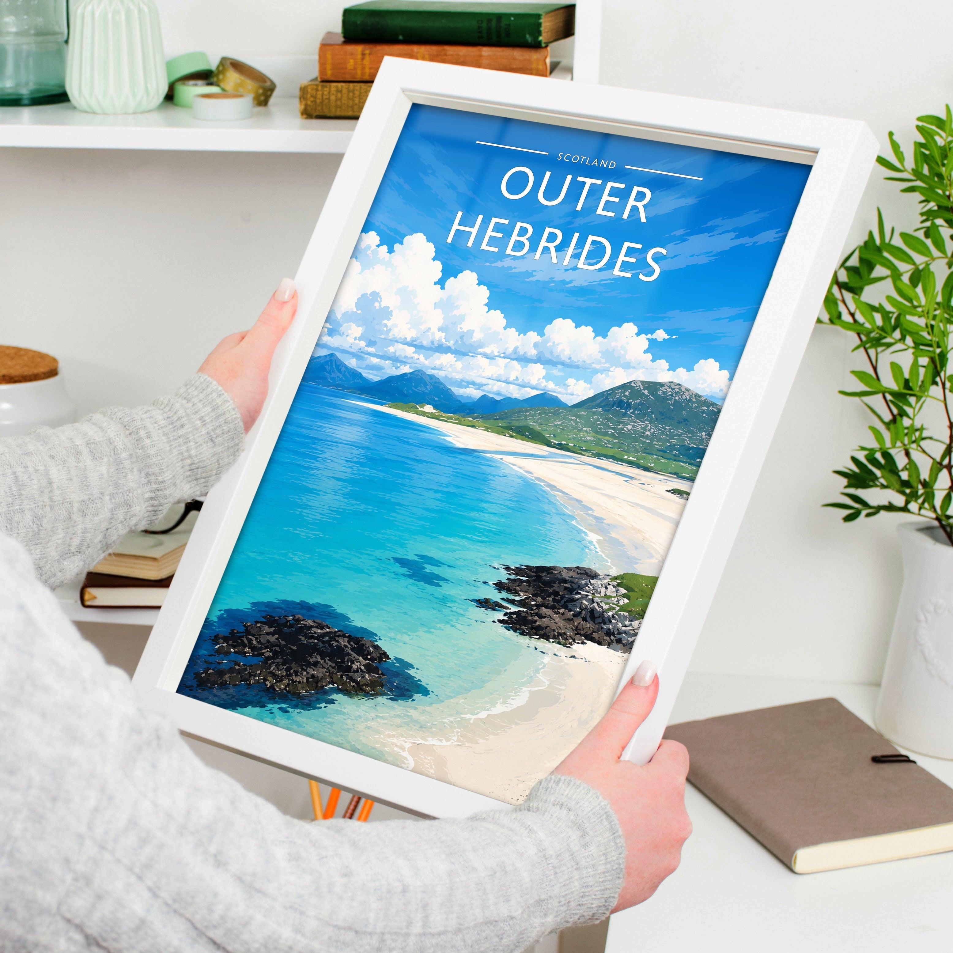 Outer Hebrides Travel Poster held in a white frame