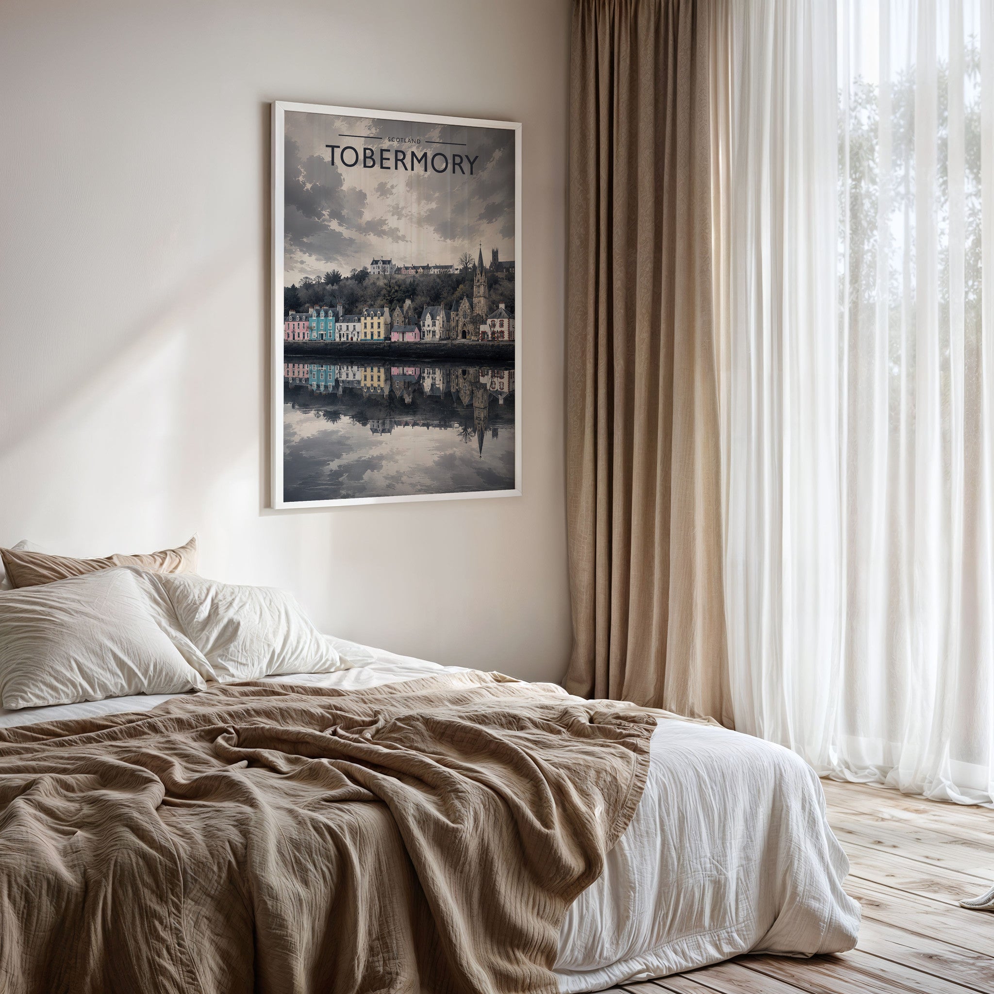 Tobermory Travel Poster framed on a bedroom wall