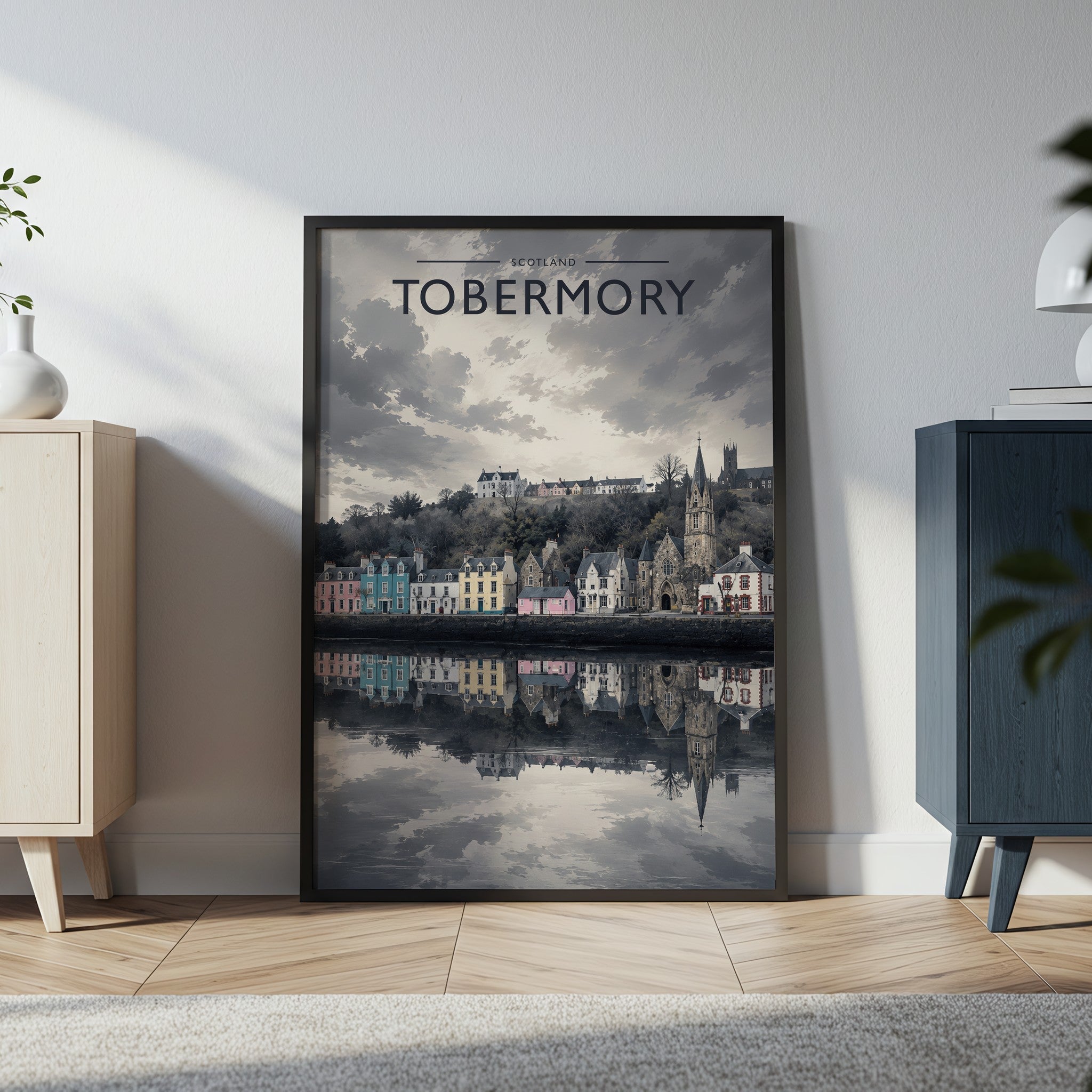 Tobermory Travel Poster in a black frame
