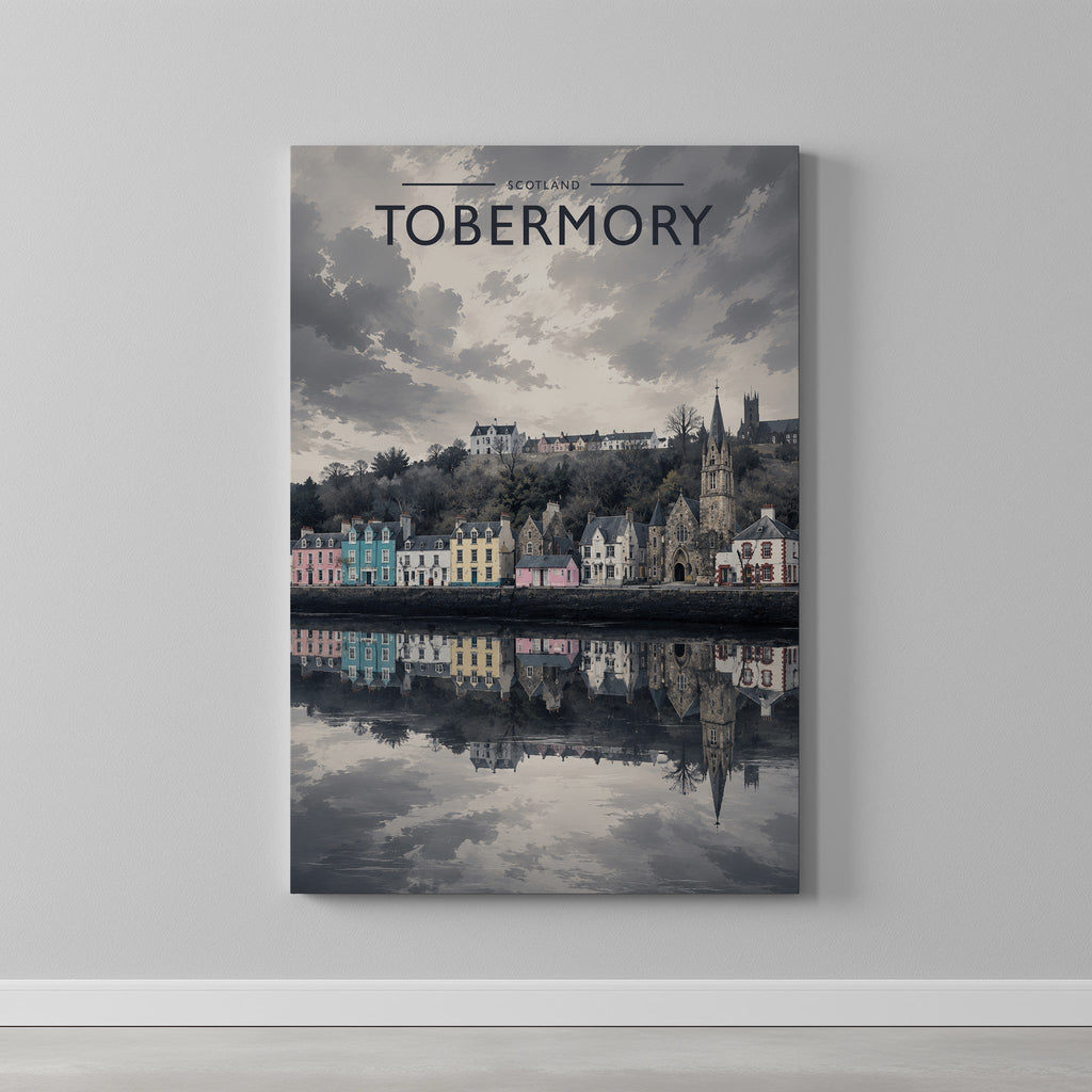 Tobermory Travel Poster as a gallery-wrapped canvas on a plain wall