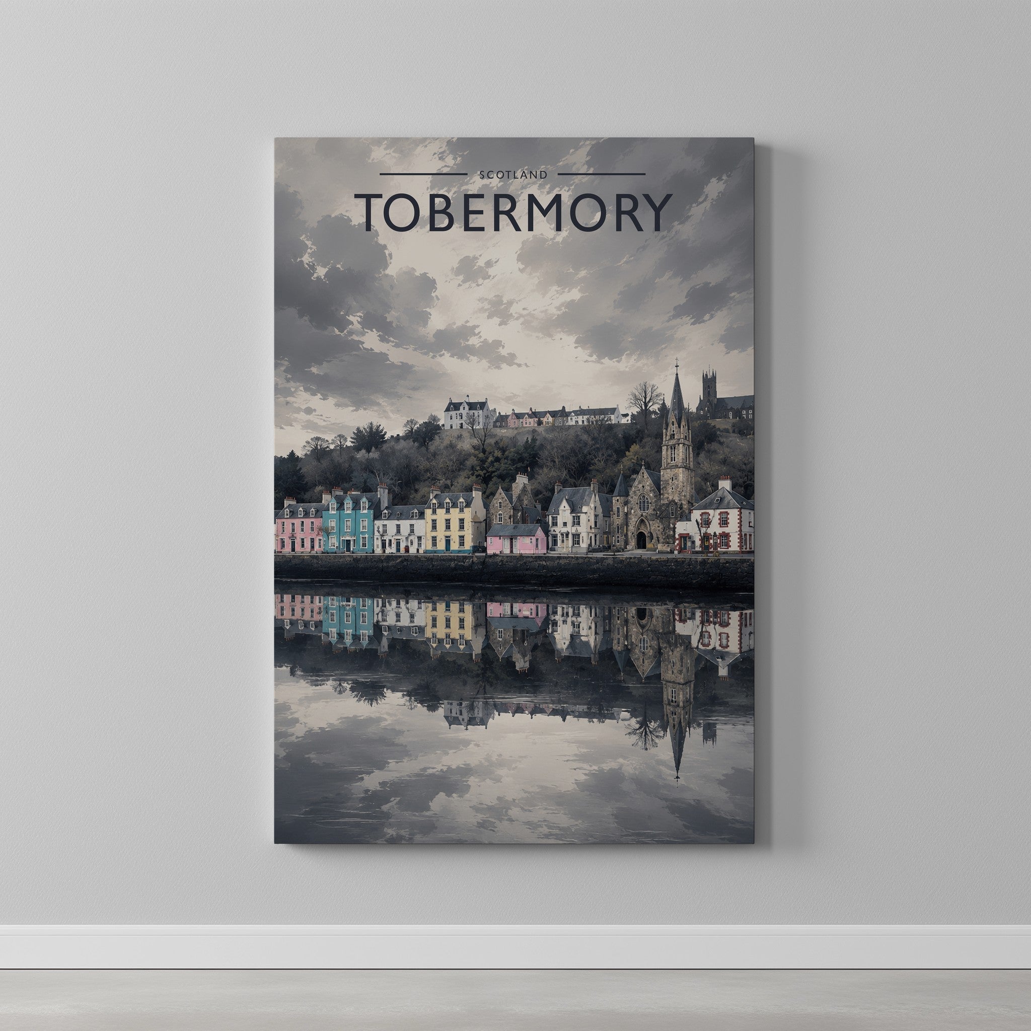 Tobermory Travel Poster as a gallery-wrapped canvas on a plain wall