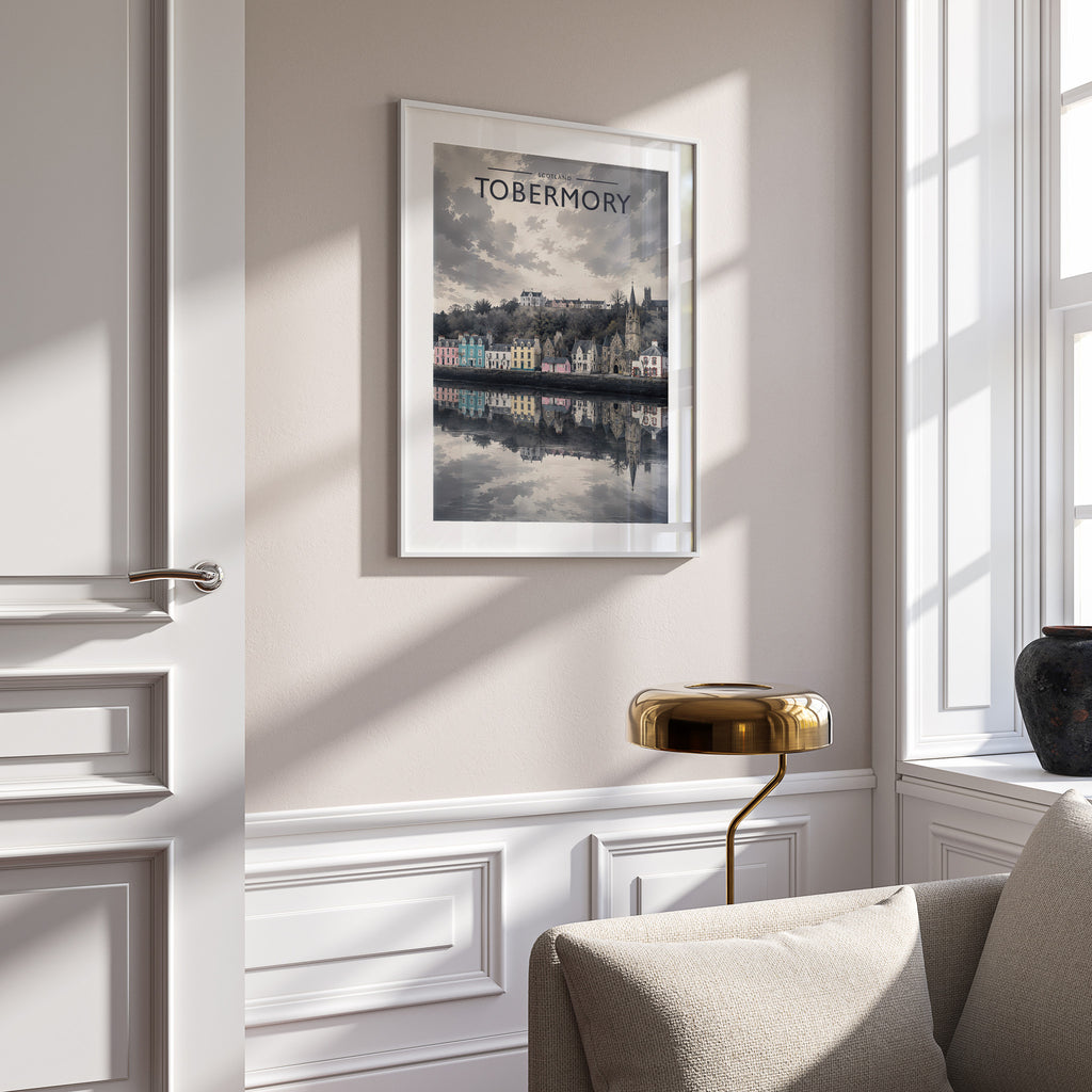 Tobermory Travel Poster in a white frame on a panelled wall