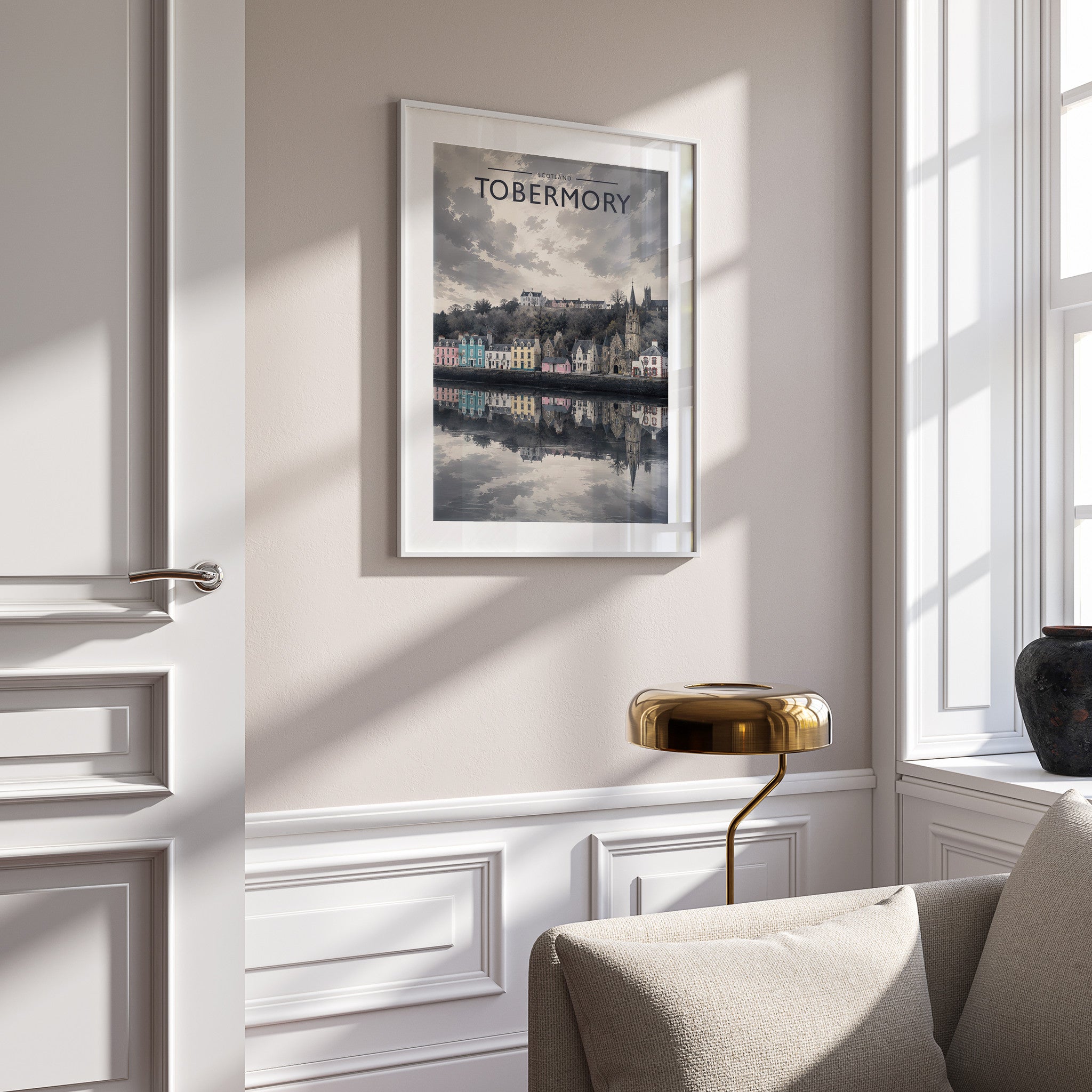 Tobermory Travel Poster in a white frame on a panelled wall