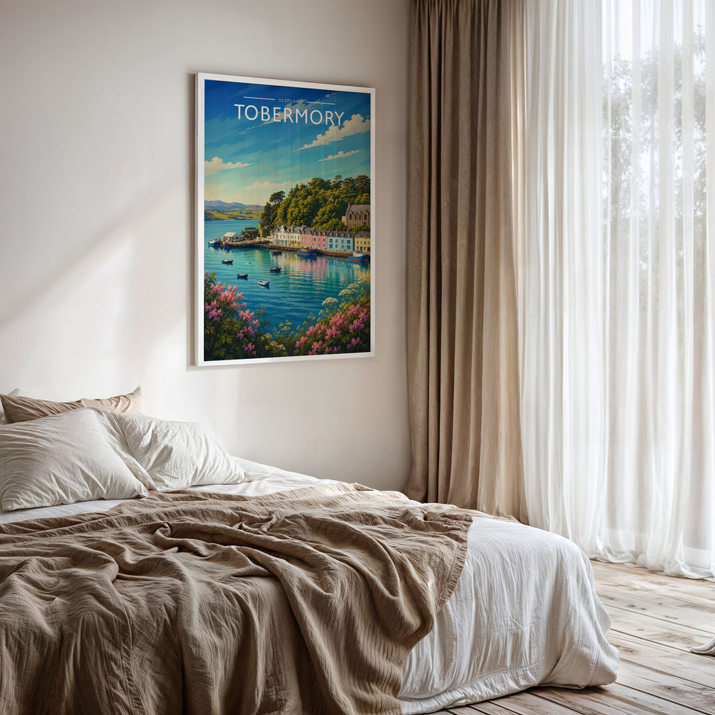 Tobermory #2 Travel Poster framed on a bedroom wall