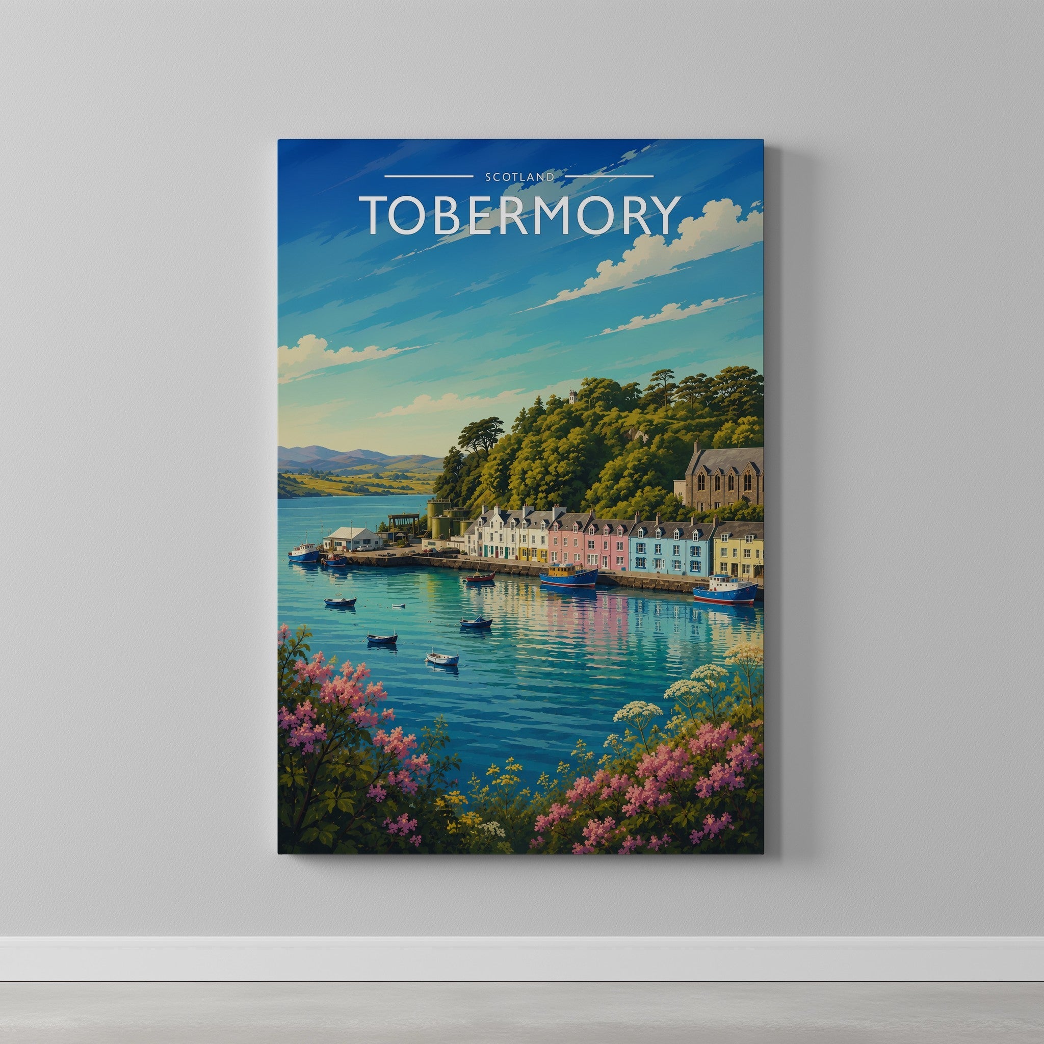 Tobermory #2 Travel Poster as a gallery-wrapped canvas on a plain wall