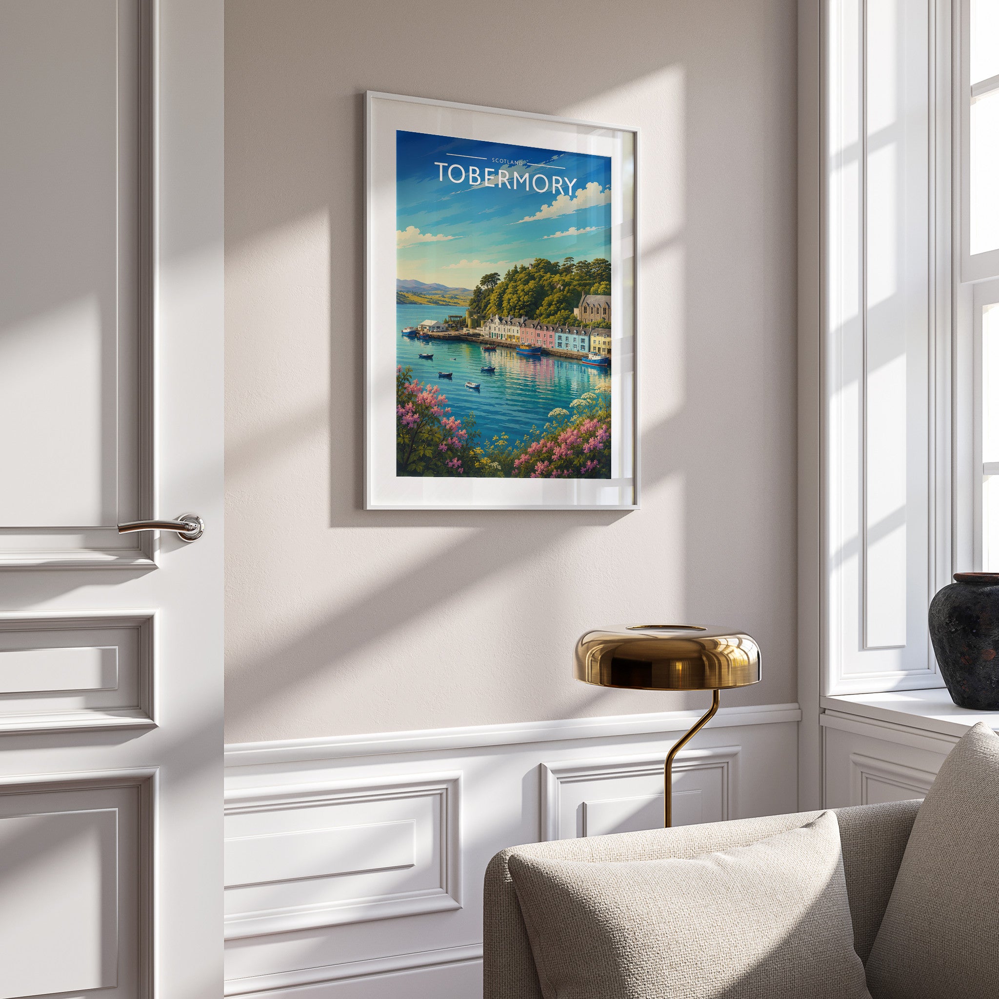 Tobermory #2 Travel Poster in a white frame on a panelled wall