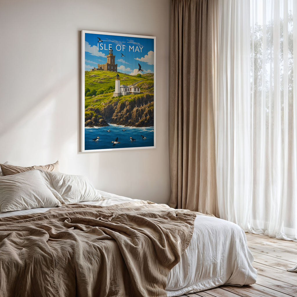 Isle of May Travel Poster framed on a bedroom wall