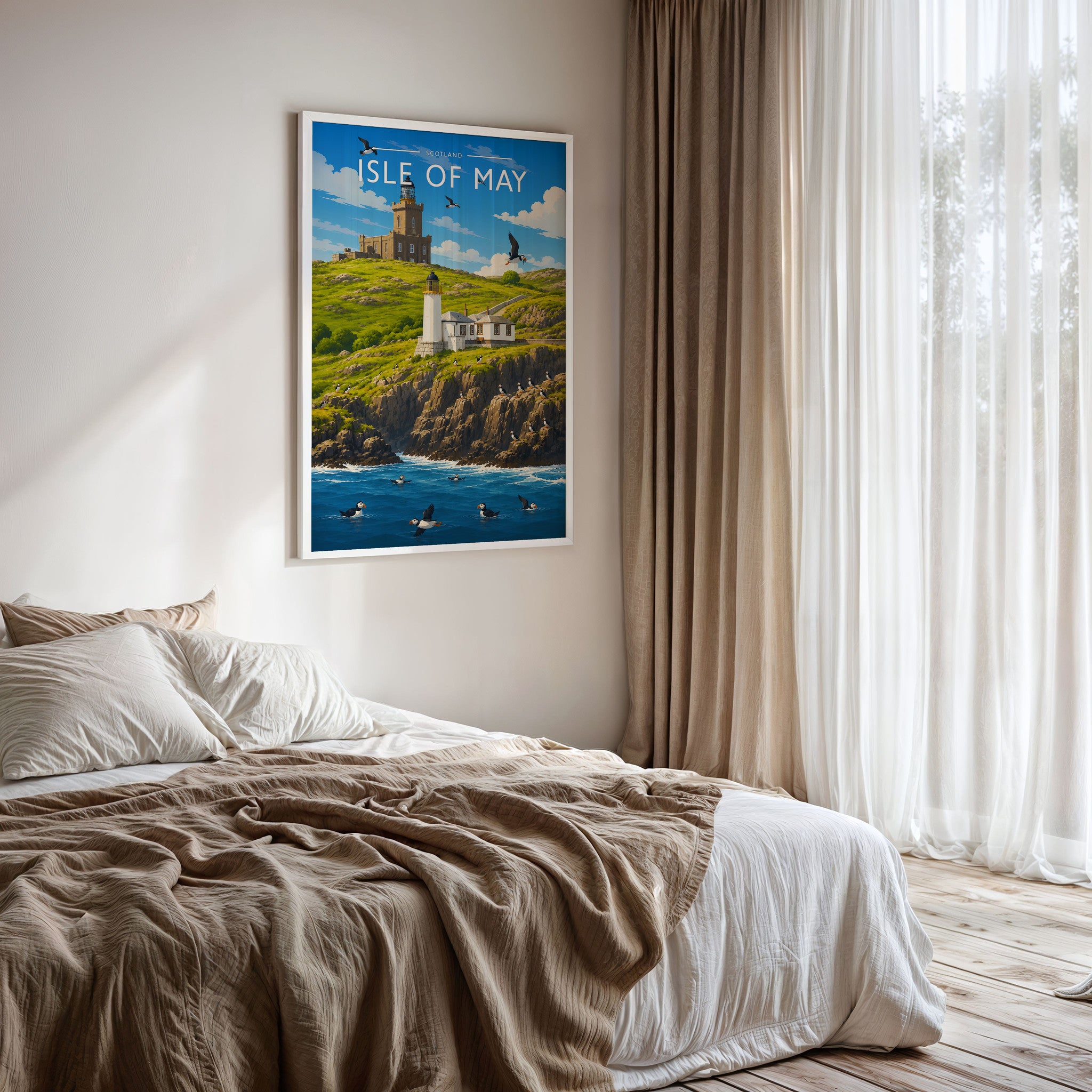 Isle of May Travel Poster framed on a bedroom wall