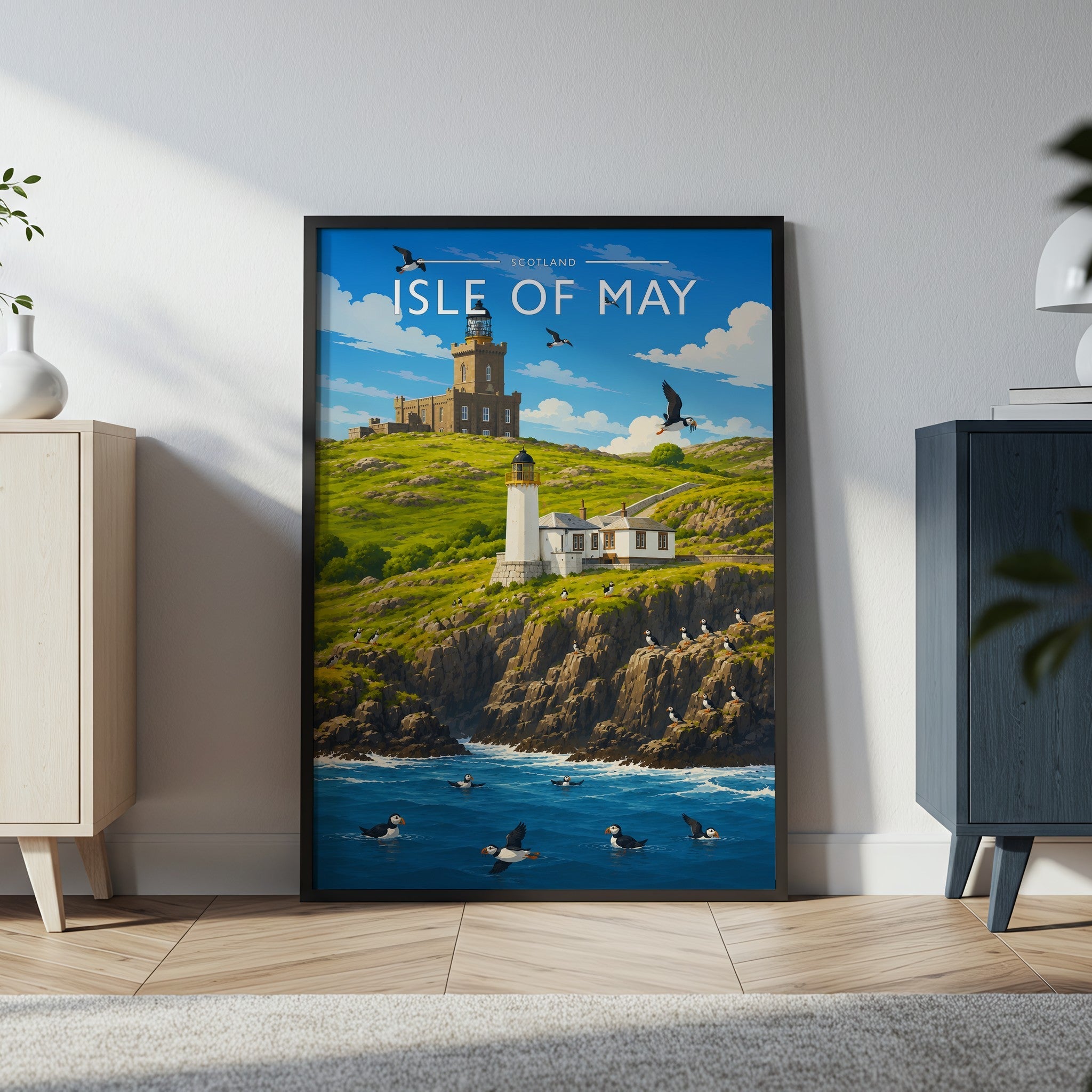 Isle of May Travel Poster in a black frame