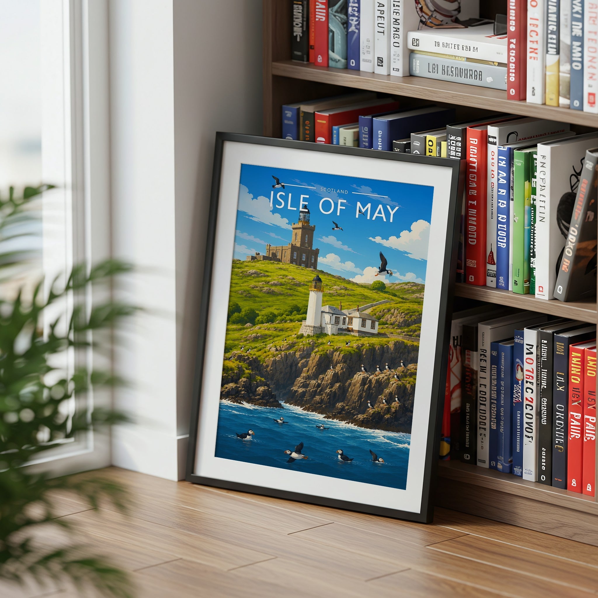 Isle of May Travel Poster mounted in a black frame