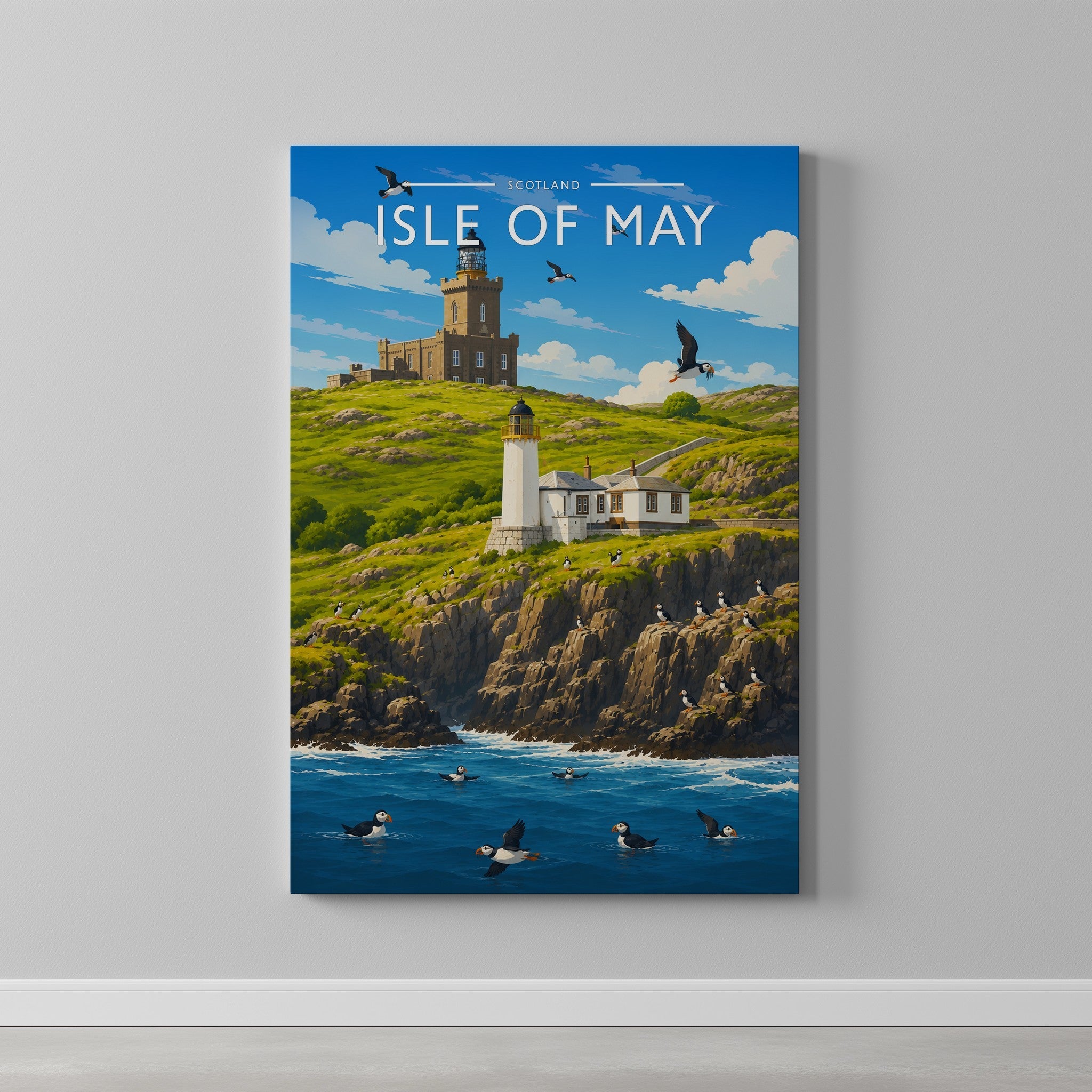 Isle of May Travel Poster as a gallery-wrapped canvas on a plain wall