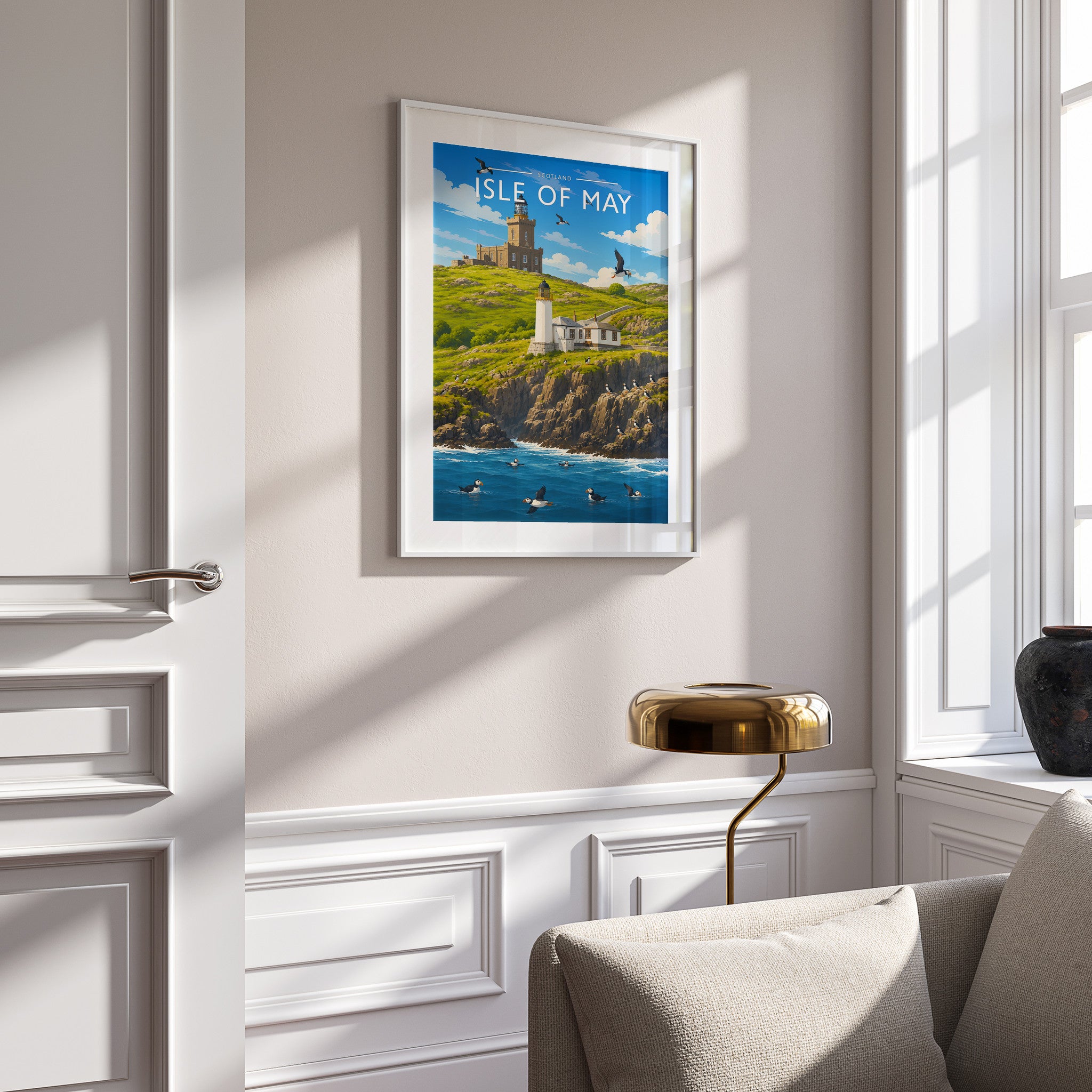 Isle of May Travel Poster in a white frame on a panelled wall