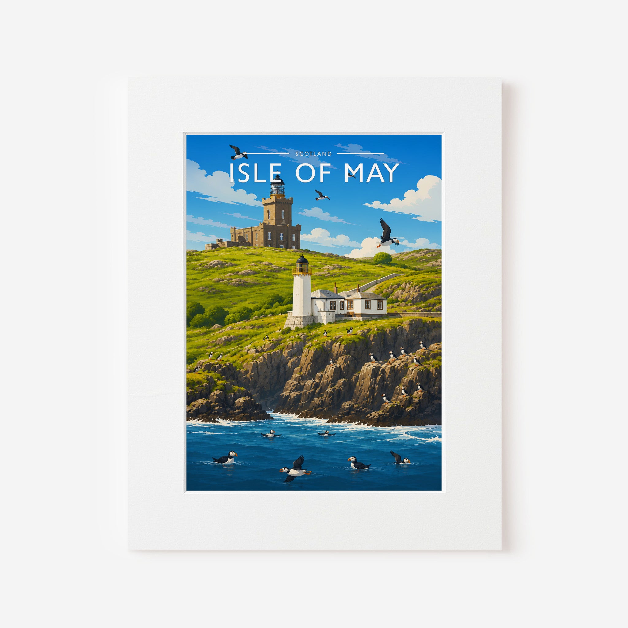 Isle of May Travel Poster in a white mount