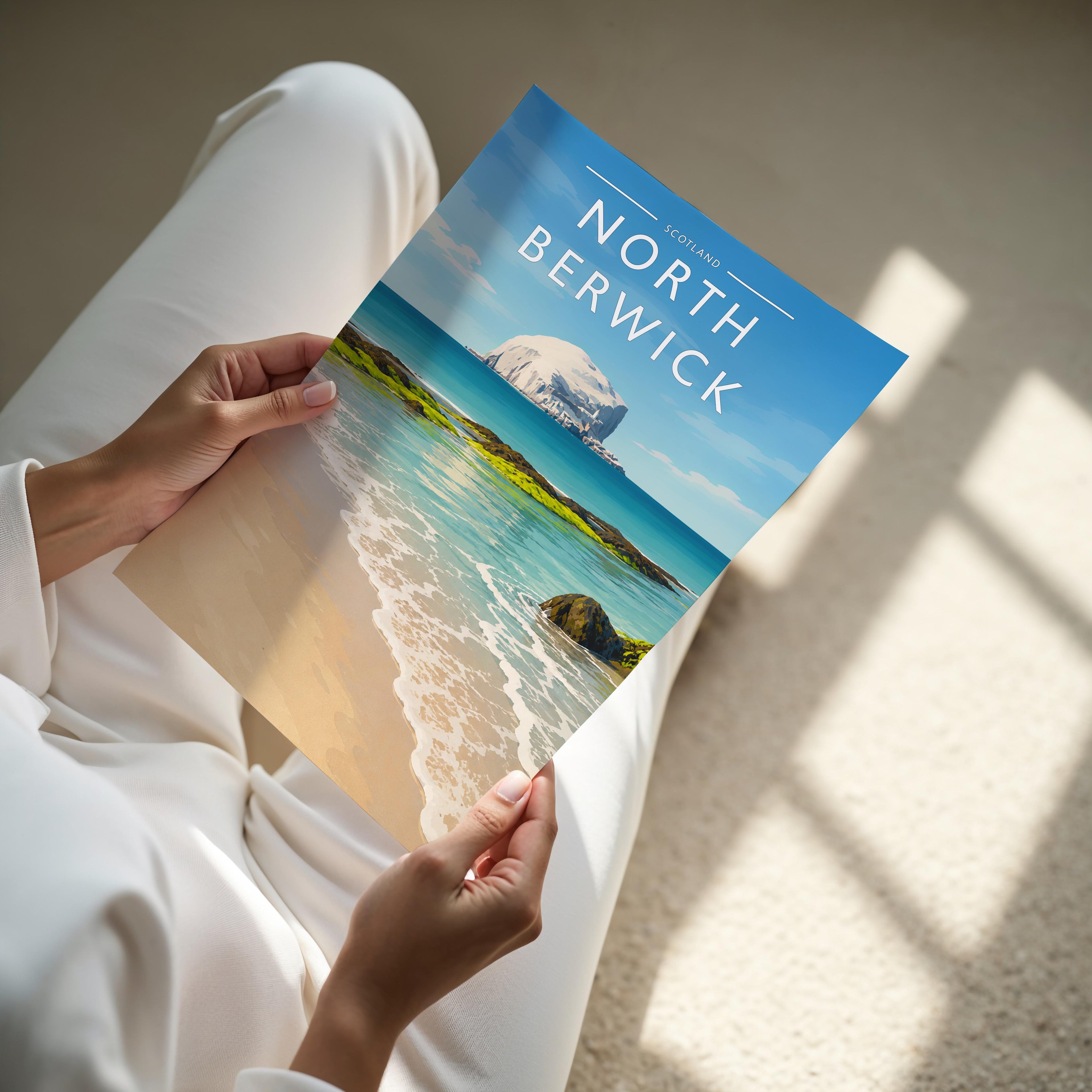 North Berwick Travel Poster - A4 print held in hand
