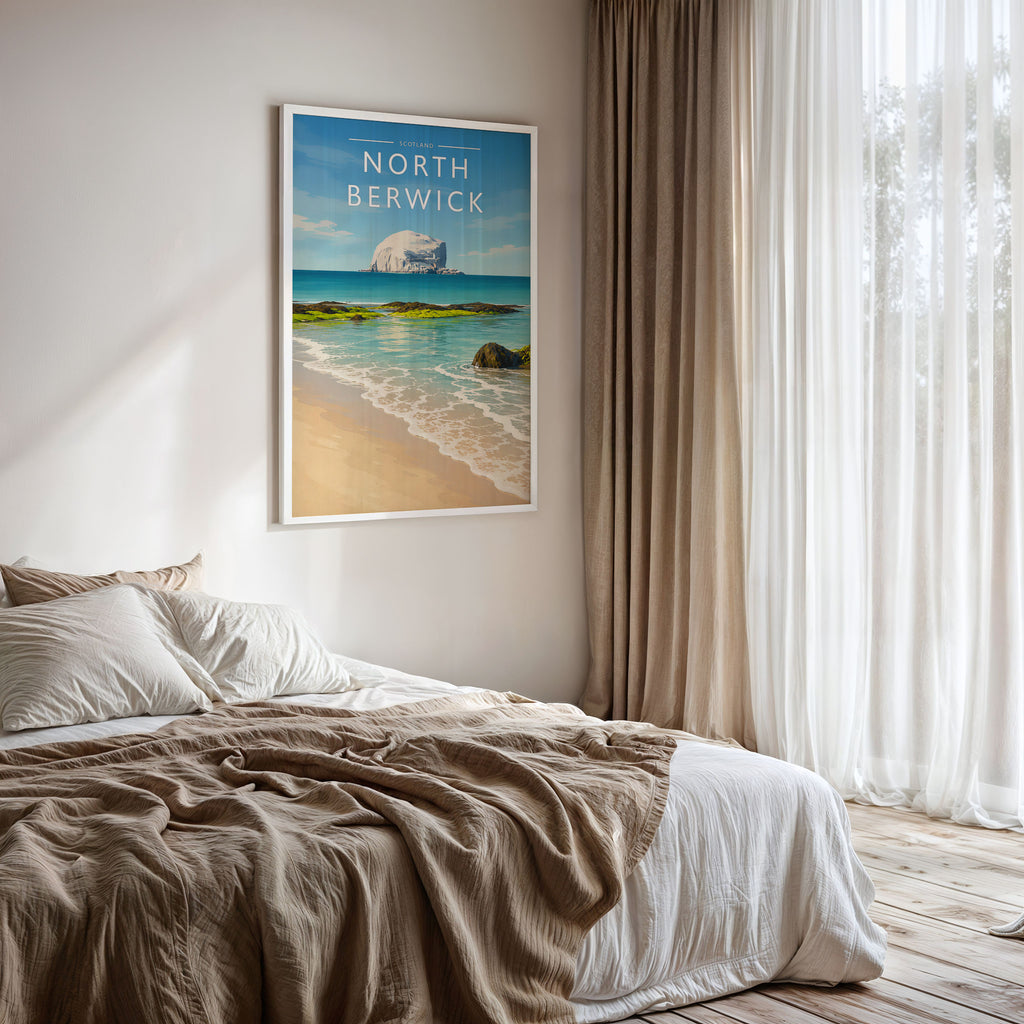 North Berwick Travel Poster framed on a bedroom wall