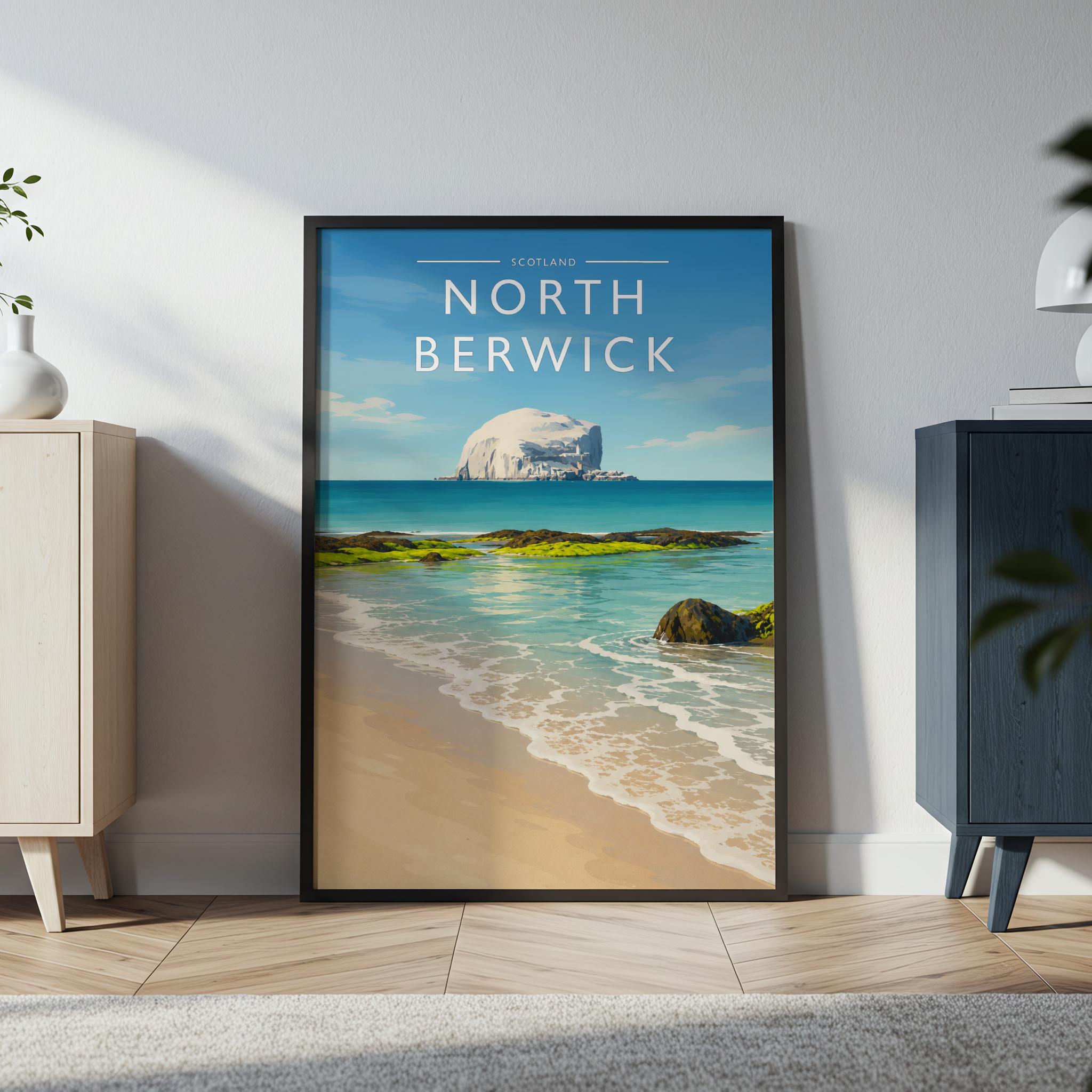 North Berwick Travel Poster in a black frame