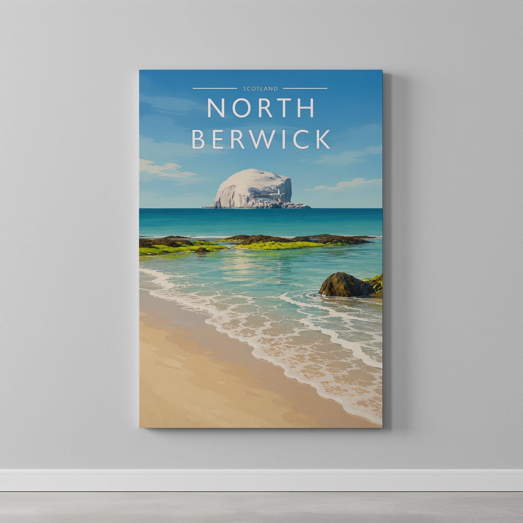North Berwick Travel Poster as a gallery-wrapped canvas on a plain wall