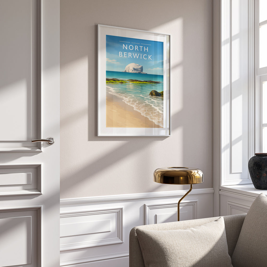 North Berwick Travel Poster in a white frame on a panelled wall
