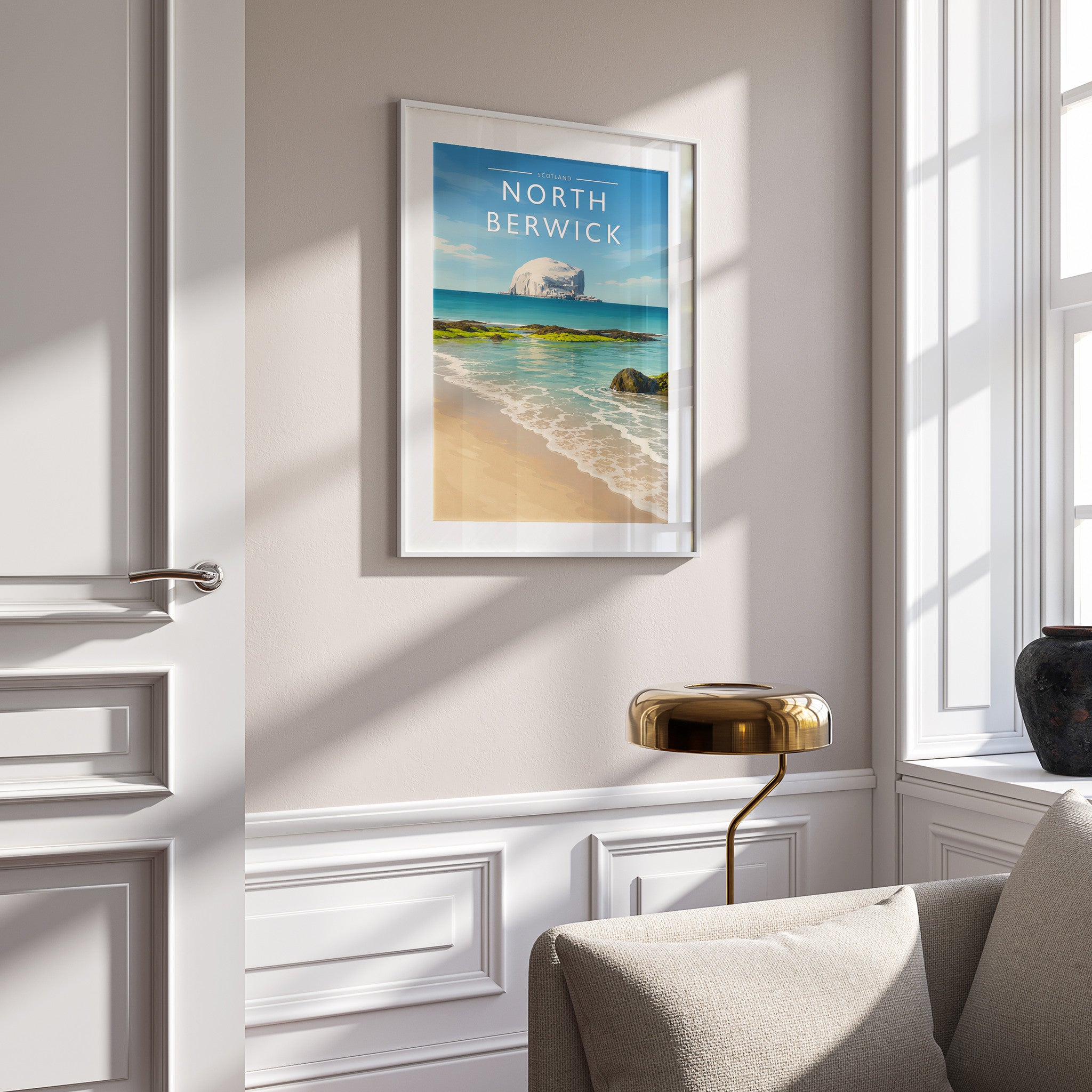 North Berwick Travel Poster in a white frame on a panelled wall