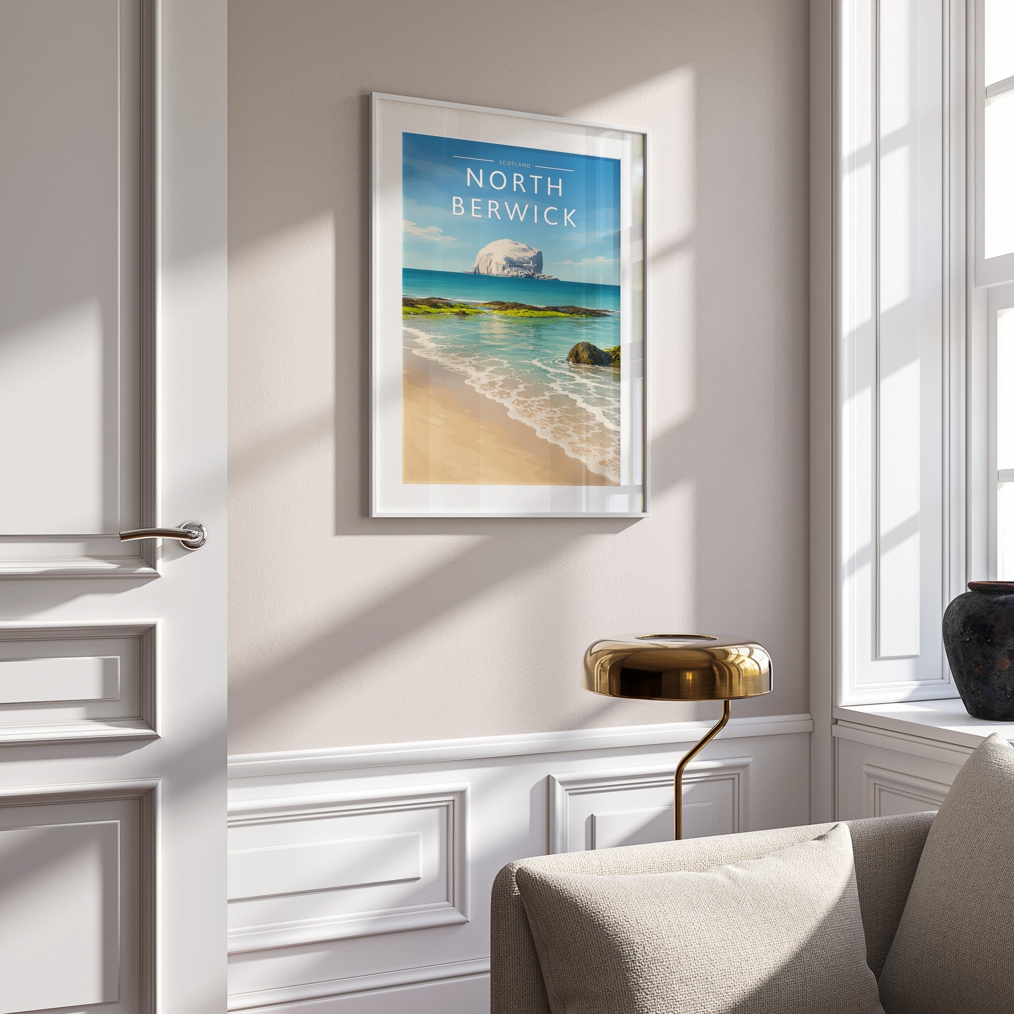 North Berwick Travel Poster mounted in a white frame