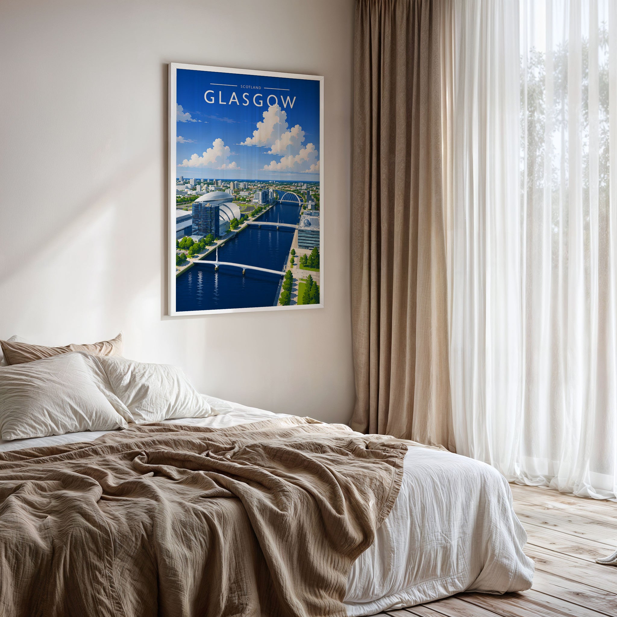 Glasgow #3 Travel Poster framed on a bedroom wall