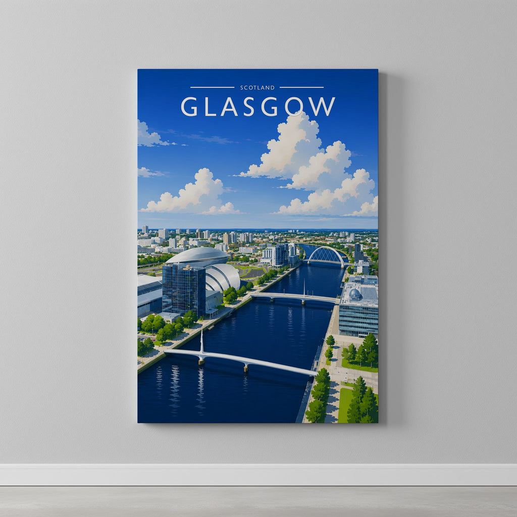 Glasgow #3 Travel Poster as a gallery-wrapped canvas on a plain wall
