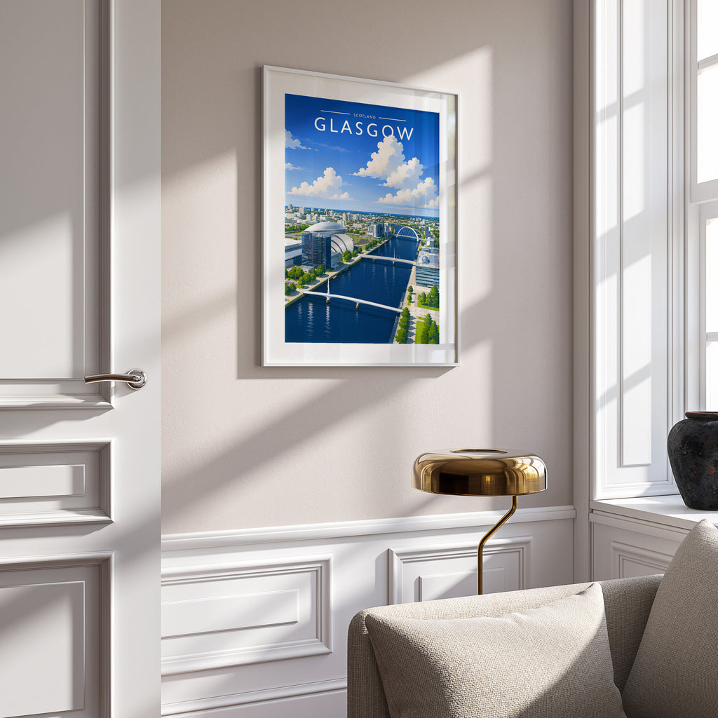 Glasgow #3 Travel Poster in a white frame on a panelled wall
