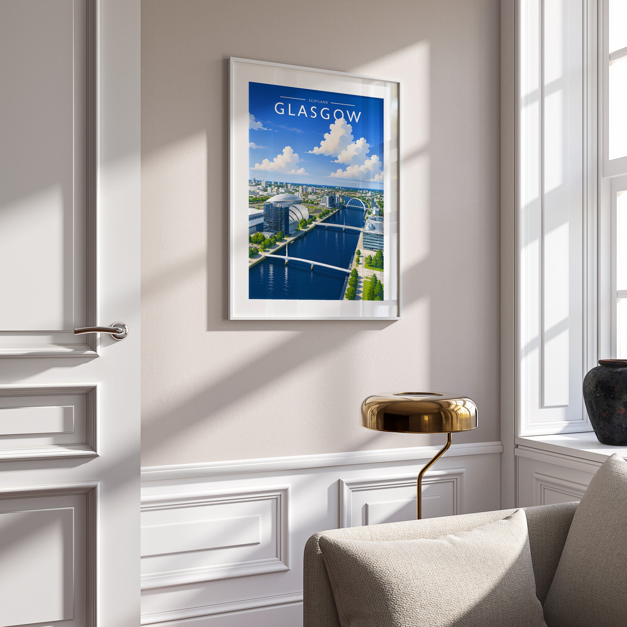 Glasgow #3 Travel Poster in a white frame on a panelled wall