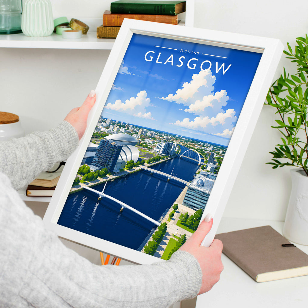 Glasgow #3 Travel Poster in a white frame, held to show scale