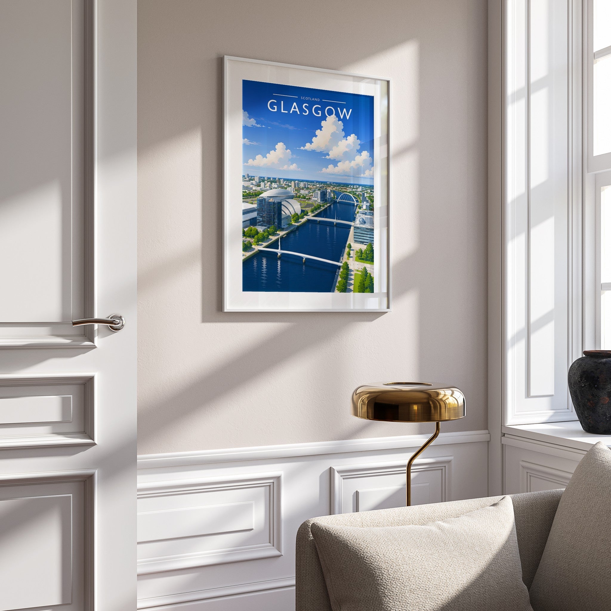 Glasgow #3 Travel Poster mounted in a white frame