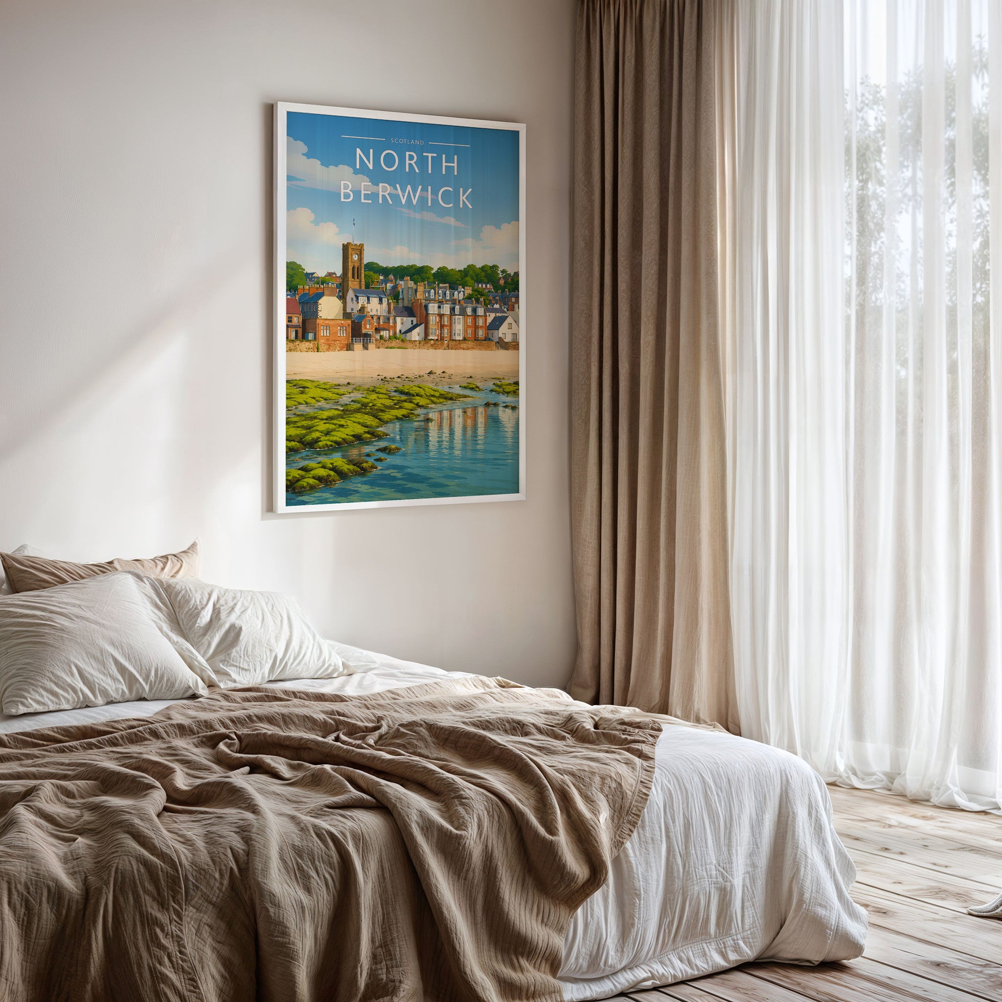North Berwick #2 Travel Poster framed on a bedroom wall