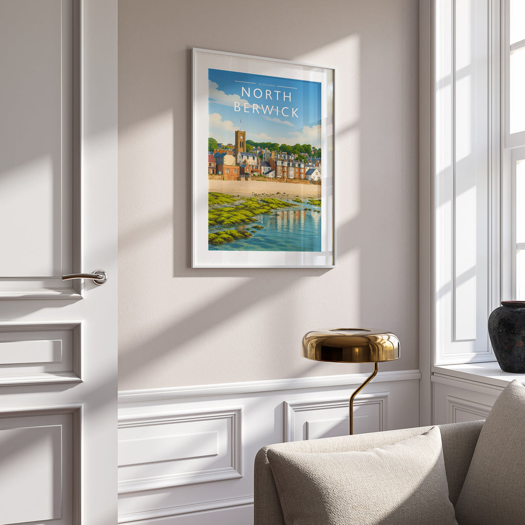 North Berwick #2 Travel Poster in a white frame on a panelled wall