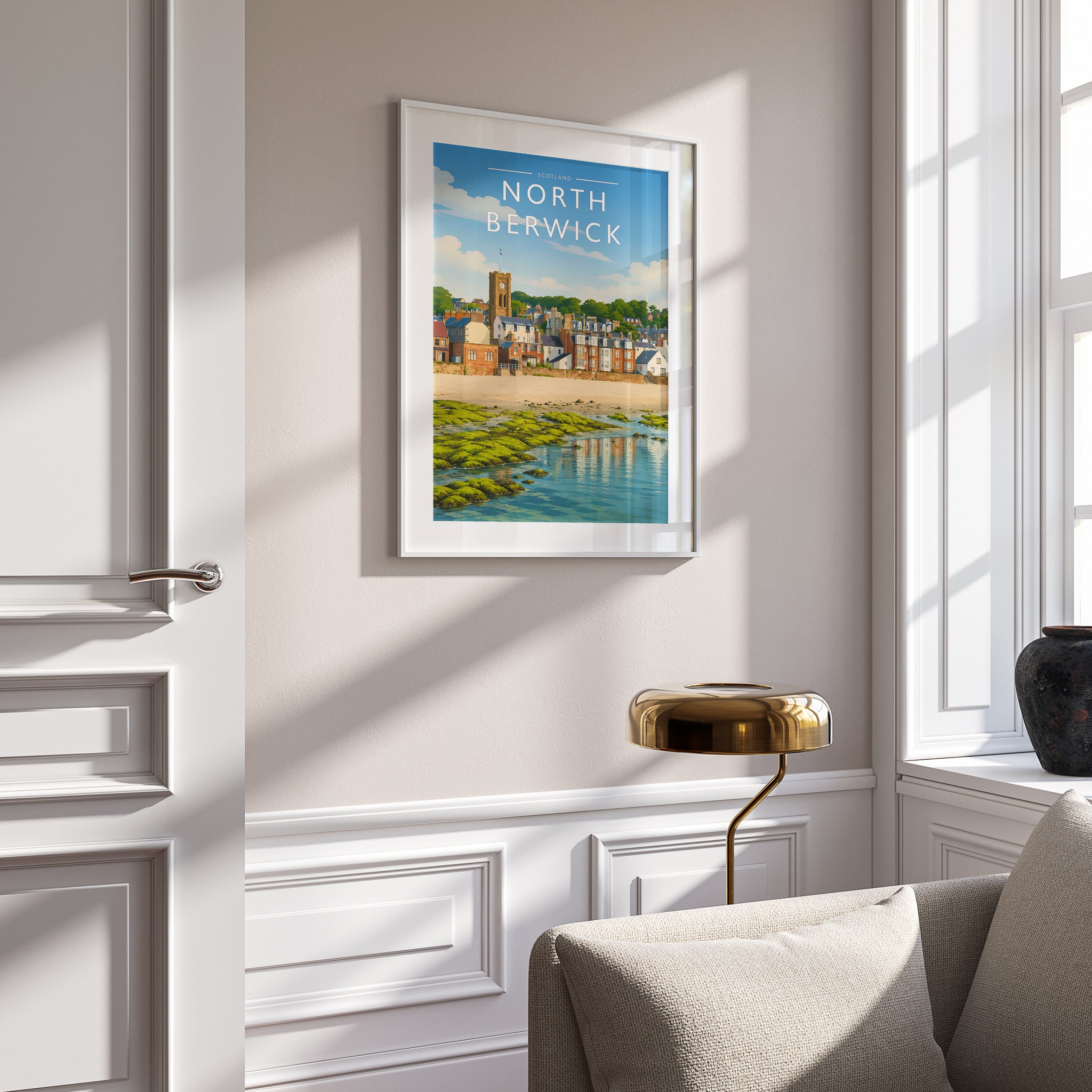 North Berwick #2 Travel Poster in a white frame on a panelled wall
