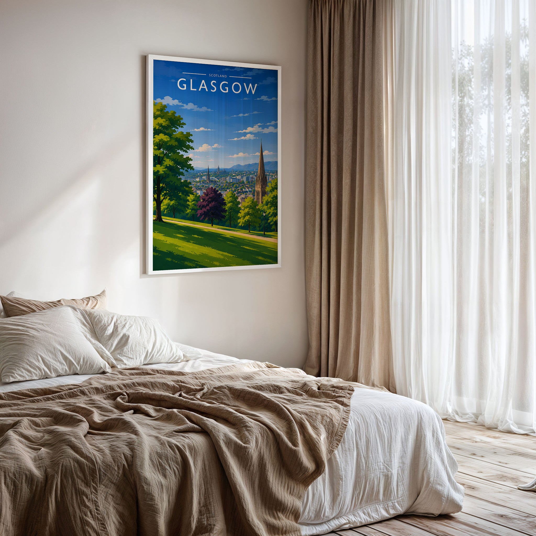 Glasgow #4 Travel Poster framed on a bedroom wall