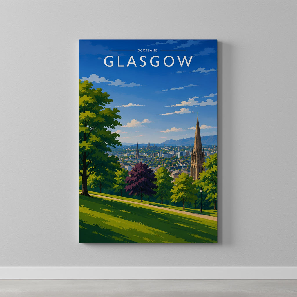 Glasgow #4 Travel Poster as a gallery-wrapped canvas on a plain wall