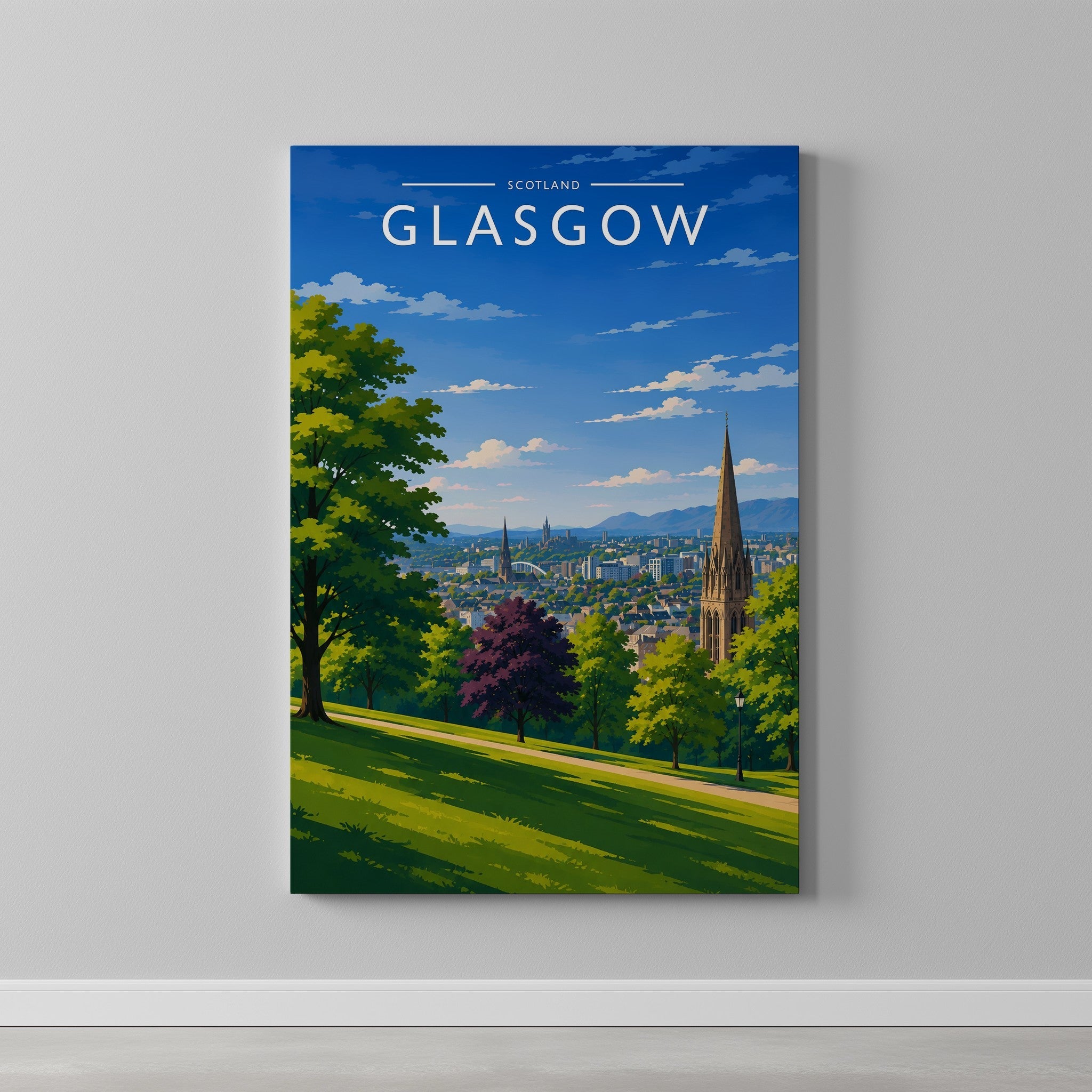 Glasgow #4 Travel Poster as a gallery-wrapped canvas on a plain wall