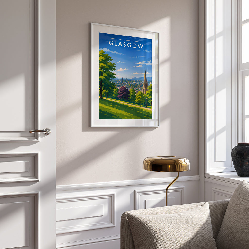 Glasgow #4 Travel Poster in a white frame on a panelled wall