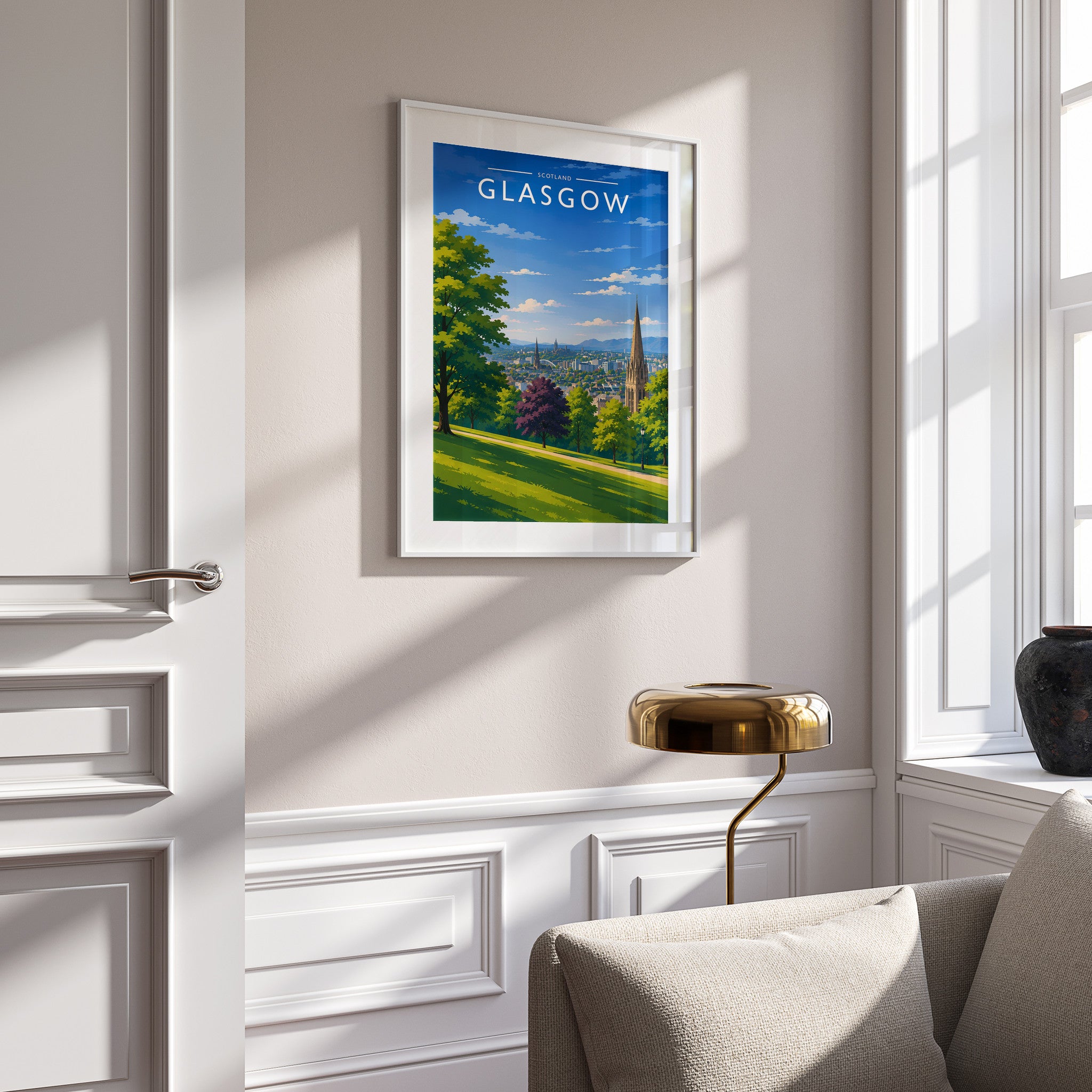 Glasgow #4 Travel Poster in a white frame on a panelled wall