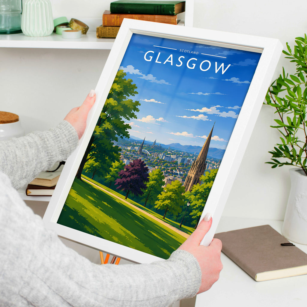 Glasgow #4 Travel Poster in a white frame, held to show scale