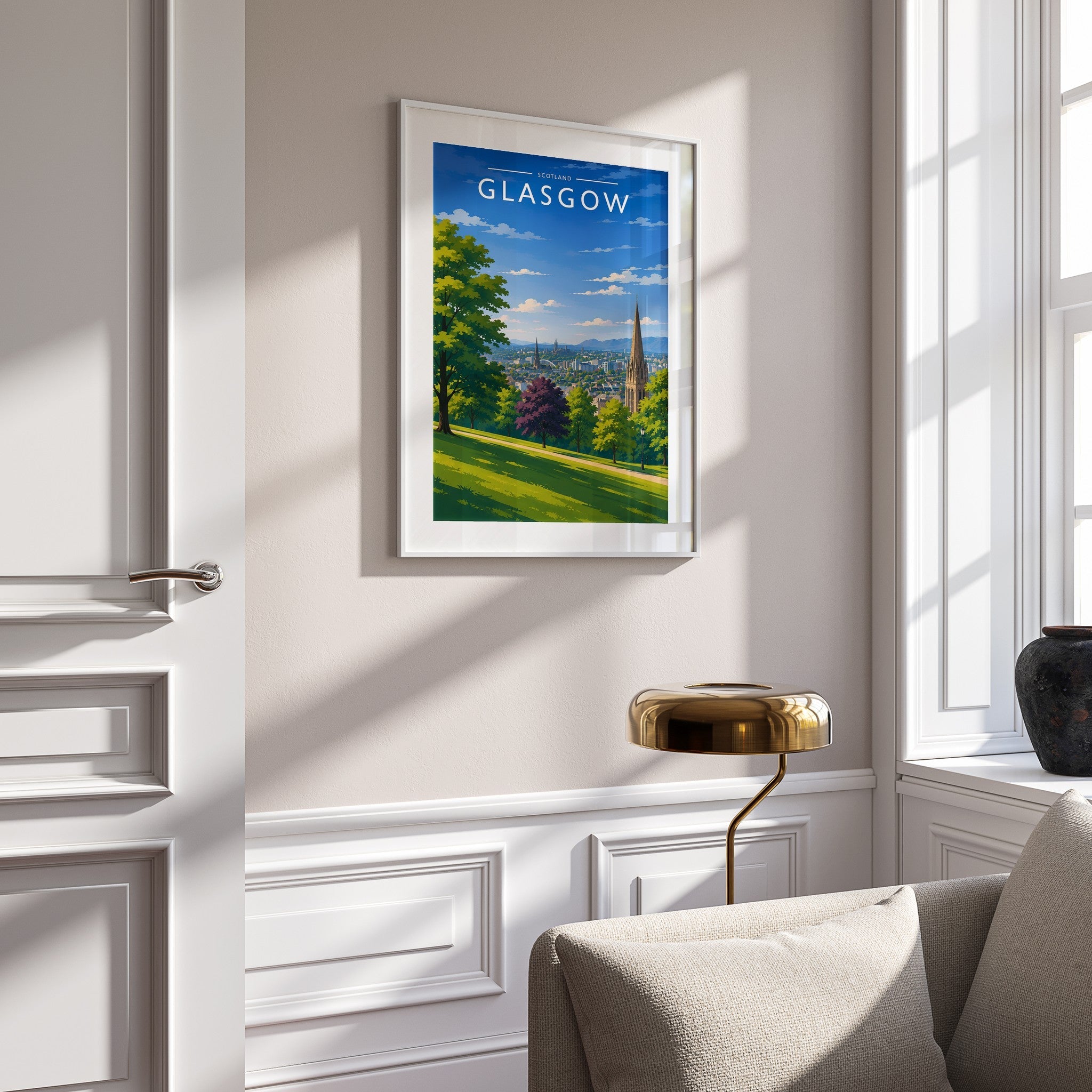 Glasgow #4 Travel Poster mounted in a white frame
